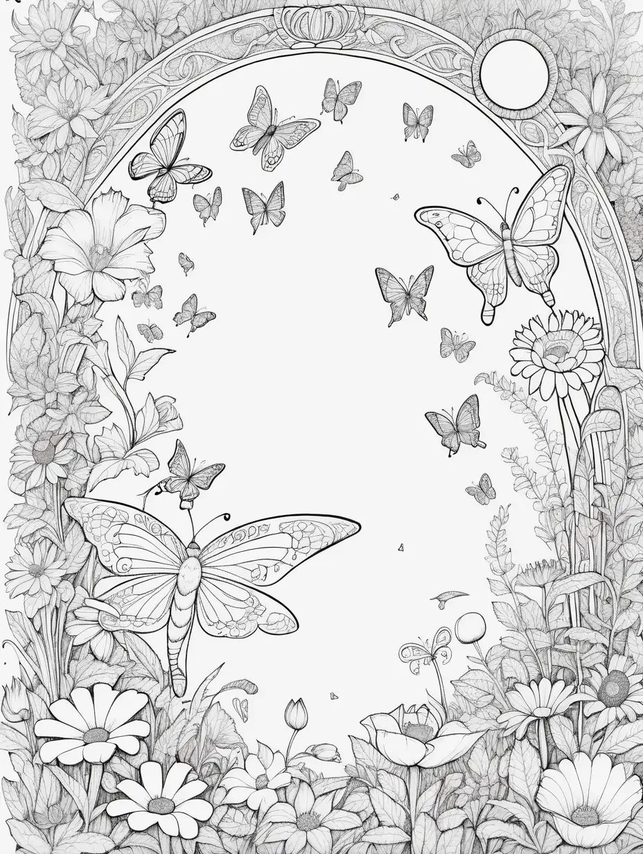 Coloring book pages with much white space that describes this paragraph" I am dreaming, flying on a magic carpet, then I am on the moon, then flying like a bird, finally I am in a garden of butterflys and flowers