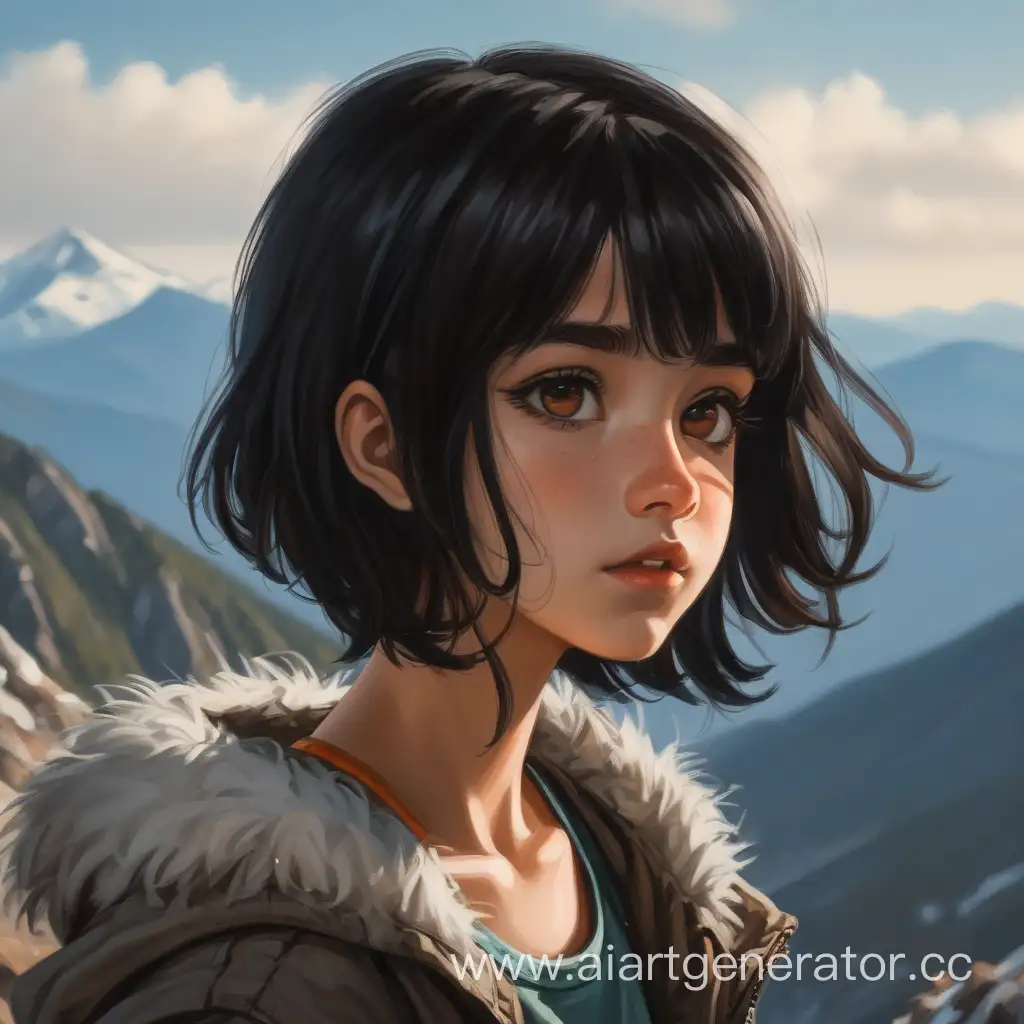 девушка с черными волосами и карими глазами на вершине горы