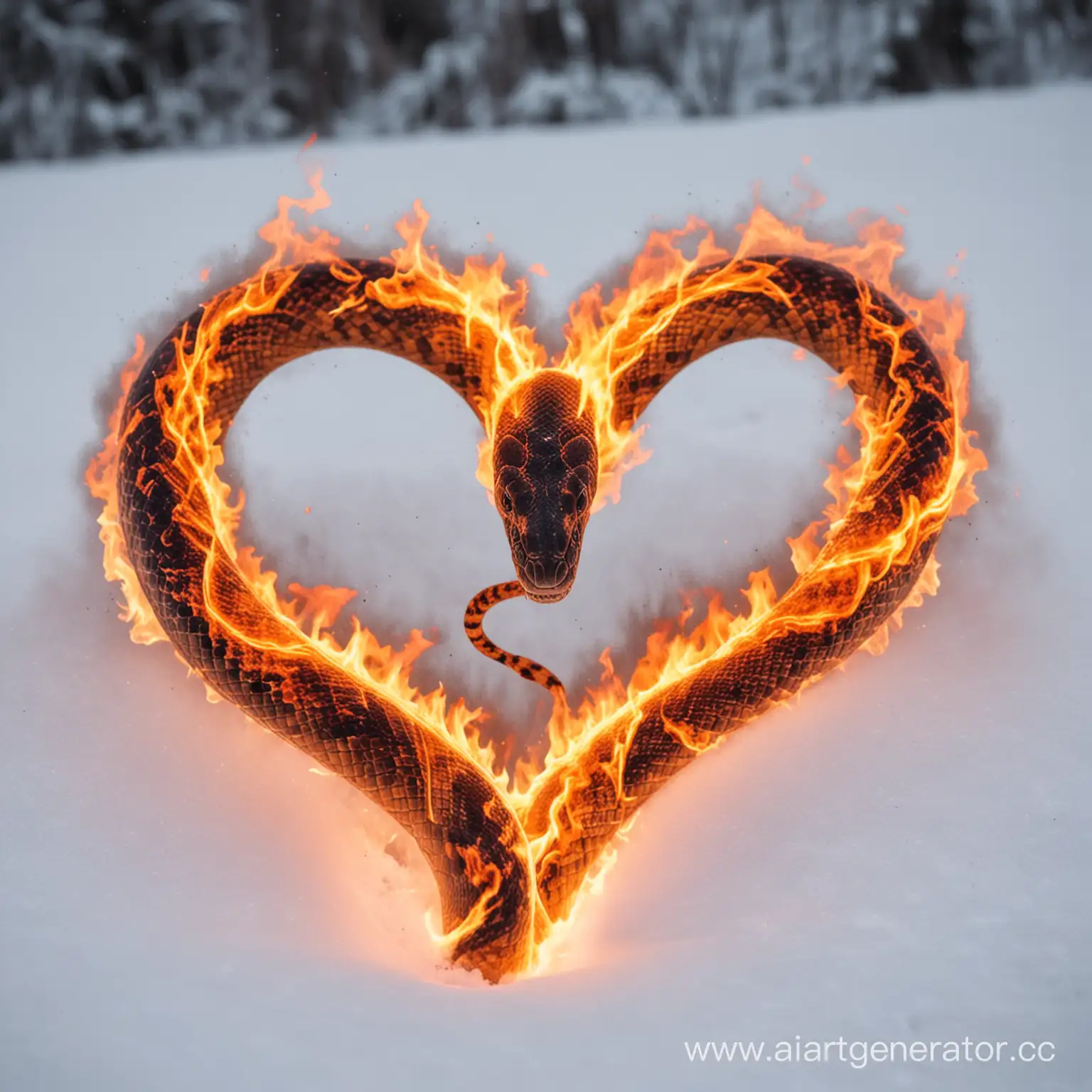 Змея горящая в форме сердца большого. На фоне снег
