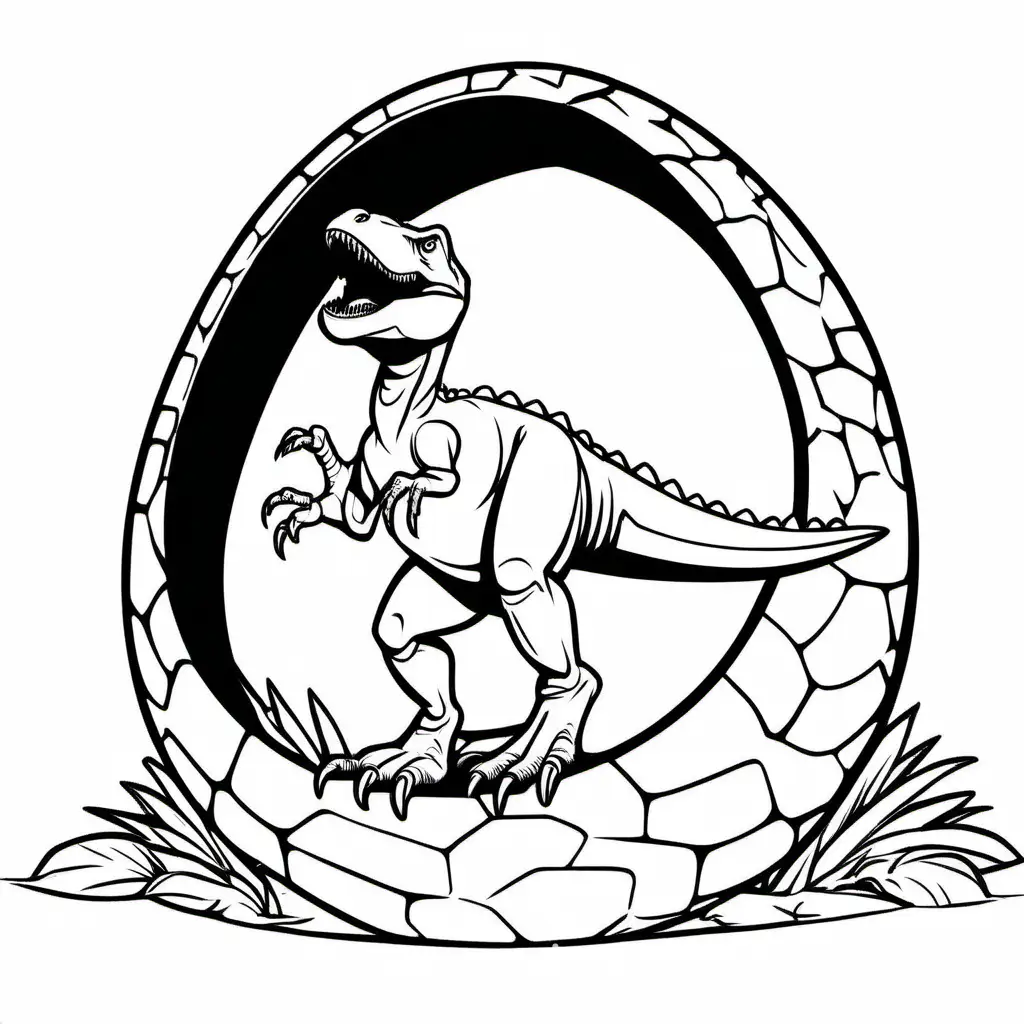 Baby Tyrannosaurus Rex coming out of it's egg, Coloring Page, black and white, line art, white background, Simplicity, Ample White Space. The background of the coloring page is plain white to make it easy for young children to color within the lines. The outlines of all the subjects are easy to distinguish, making it simple for kids to color without too much difficulty