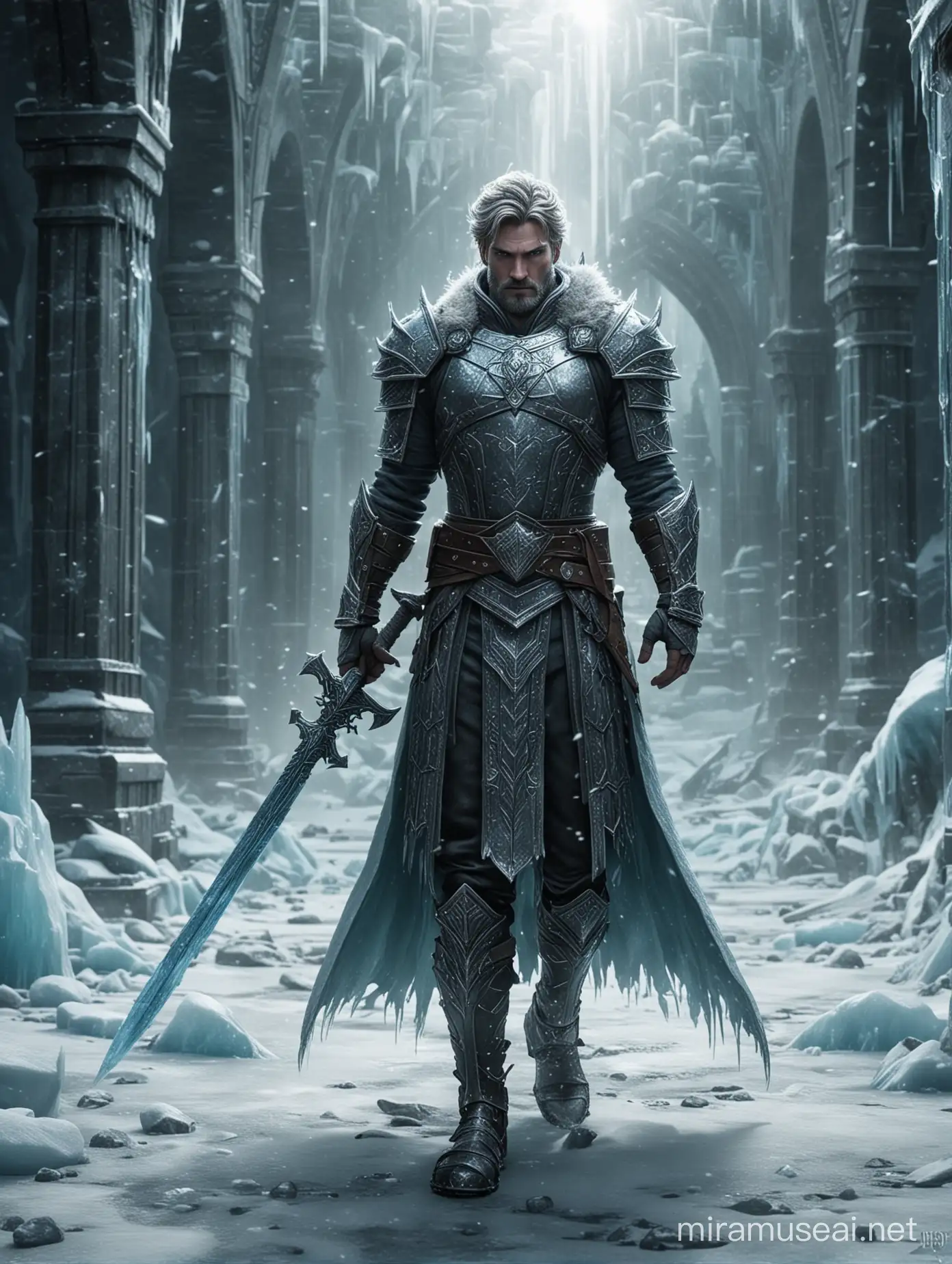 From the heart of a frozen fortress, an ice knight emerges, his armor gleaming like polished diamonds in the frigid light. With a resolute grip, he draws his sword, its blade shimmering with an icy sheen as it reflects the pale glow of the icy citadel. The air around him crackles with frost as he steps forward, a stalwart guardian of the frozen realm, ready to defend his domain against any who would dare to challenge its icy sovereignt, having cinematic looks and detailed hand texture