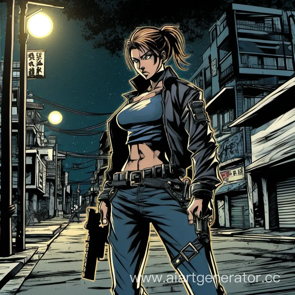comic art, manga art, street warrior, female, tonfa, handgun, night street background, dim light