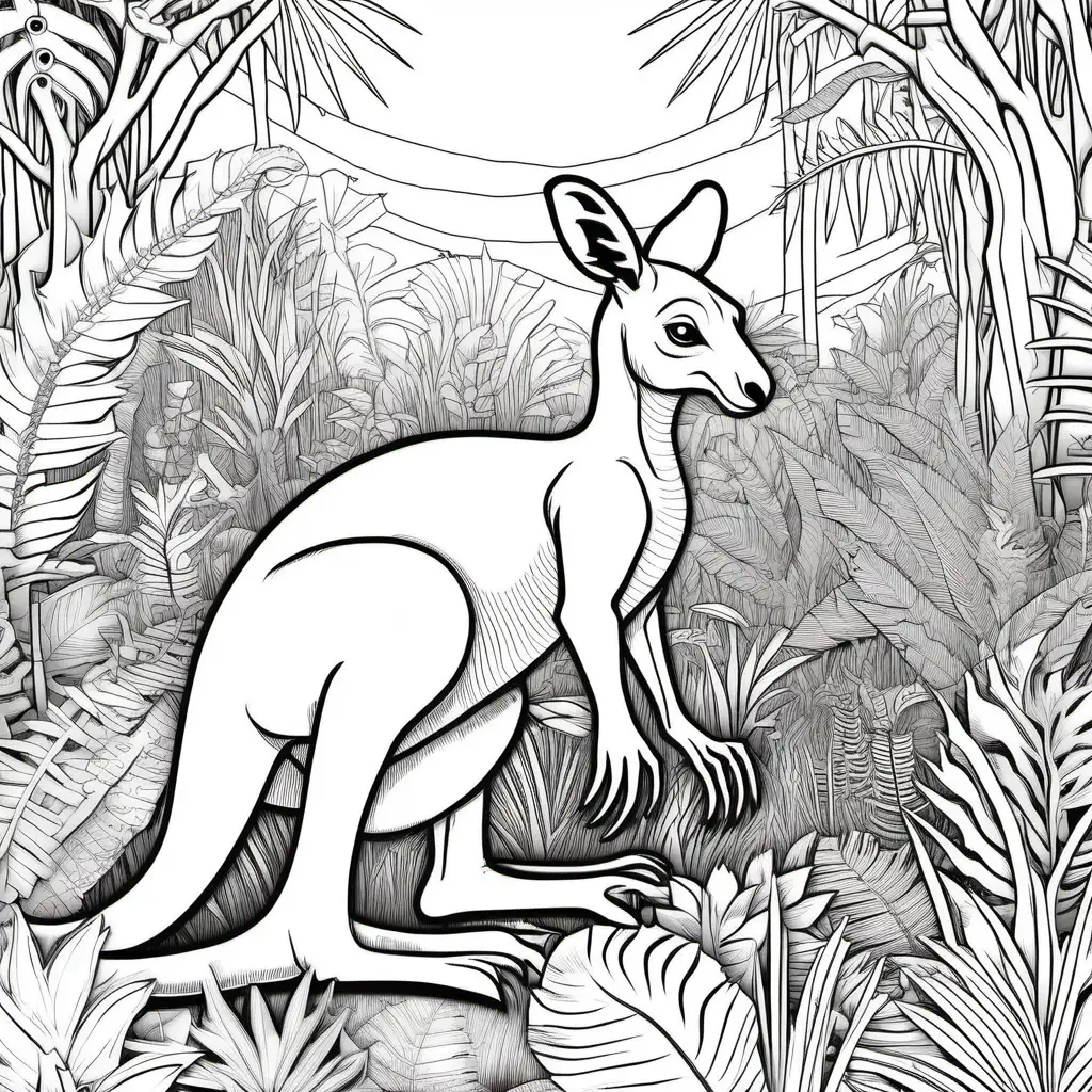 /imagine colouring page for kids, Kangaroo Rex surrounded by friendly jungle animals, thick lines, low details, no shading --ar 9:11 