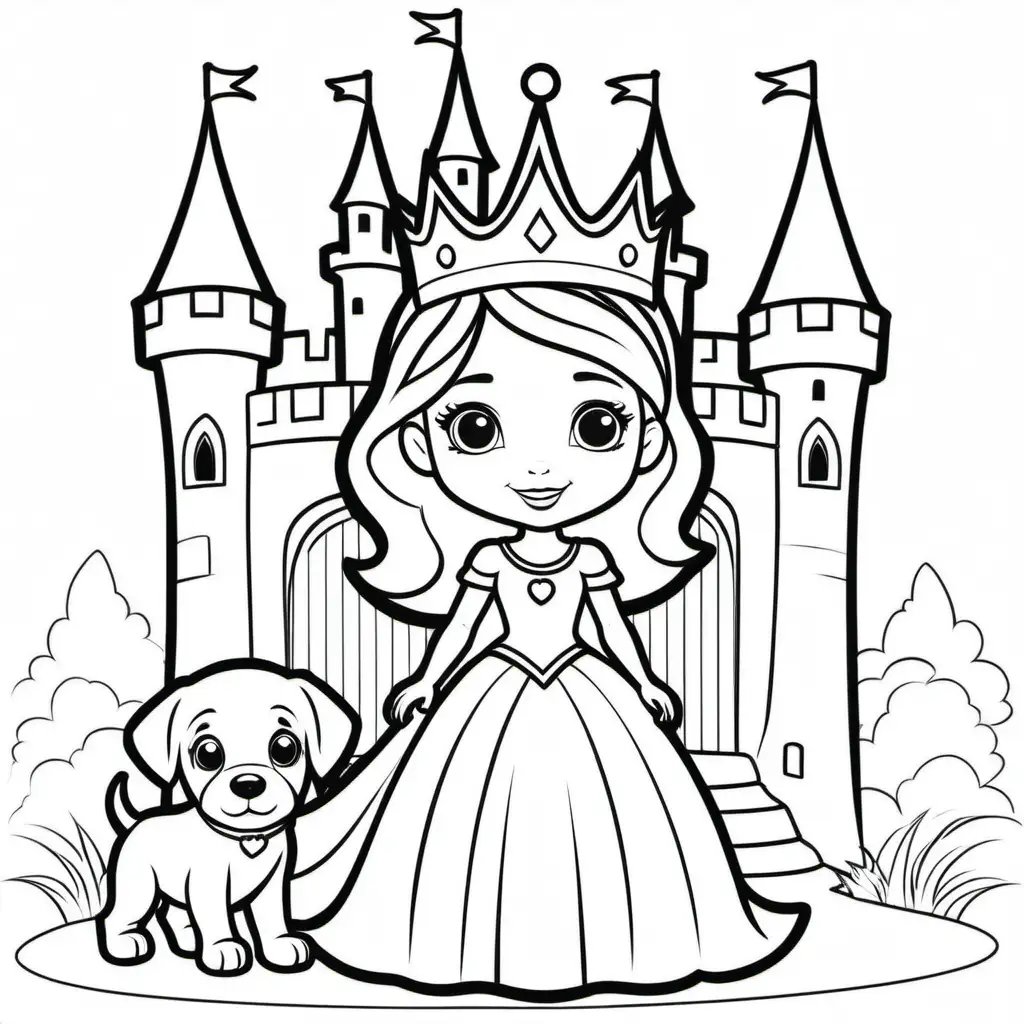 extremely simple. coloring pages for kids. princess with puppy with crown in front of a castle, no background, thick black lines, no shading--9:16--vr5