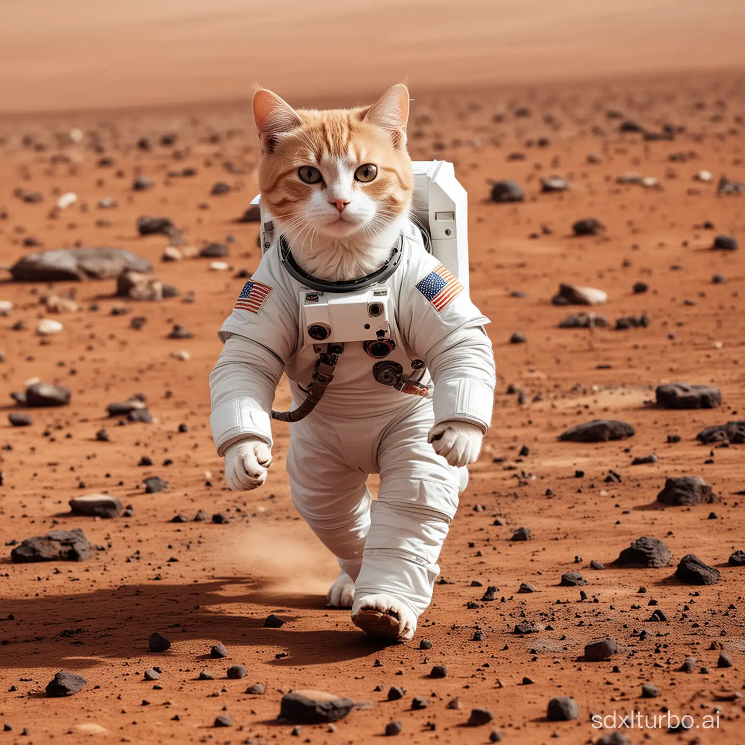 an astronaut cat walking on the surface of Mars