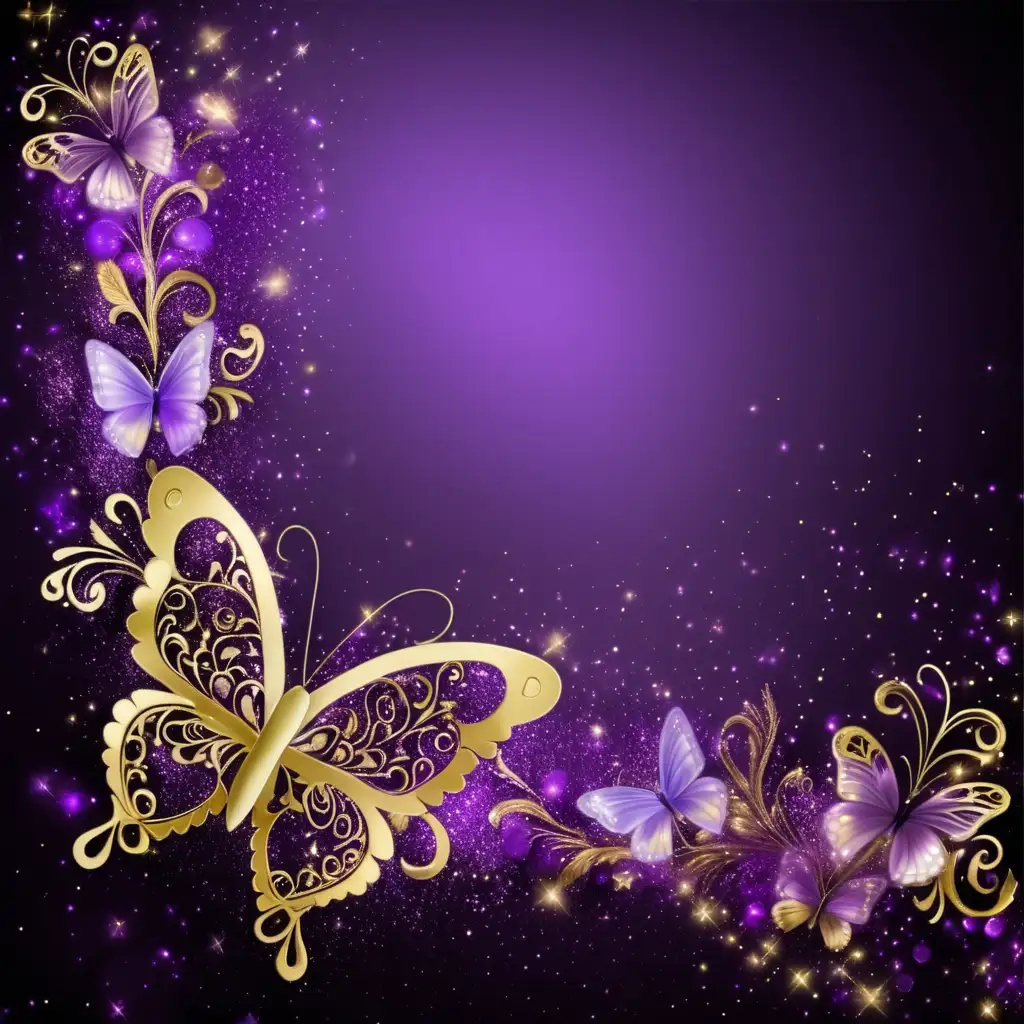 Glitter, purple, black, gold, metallic, sparkling, glitter frosted heart, glitter frosted butterfly, stationary, filigree flower boarder, bokeh background