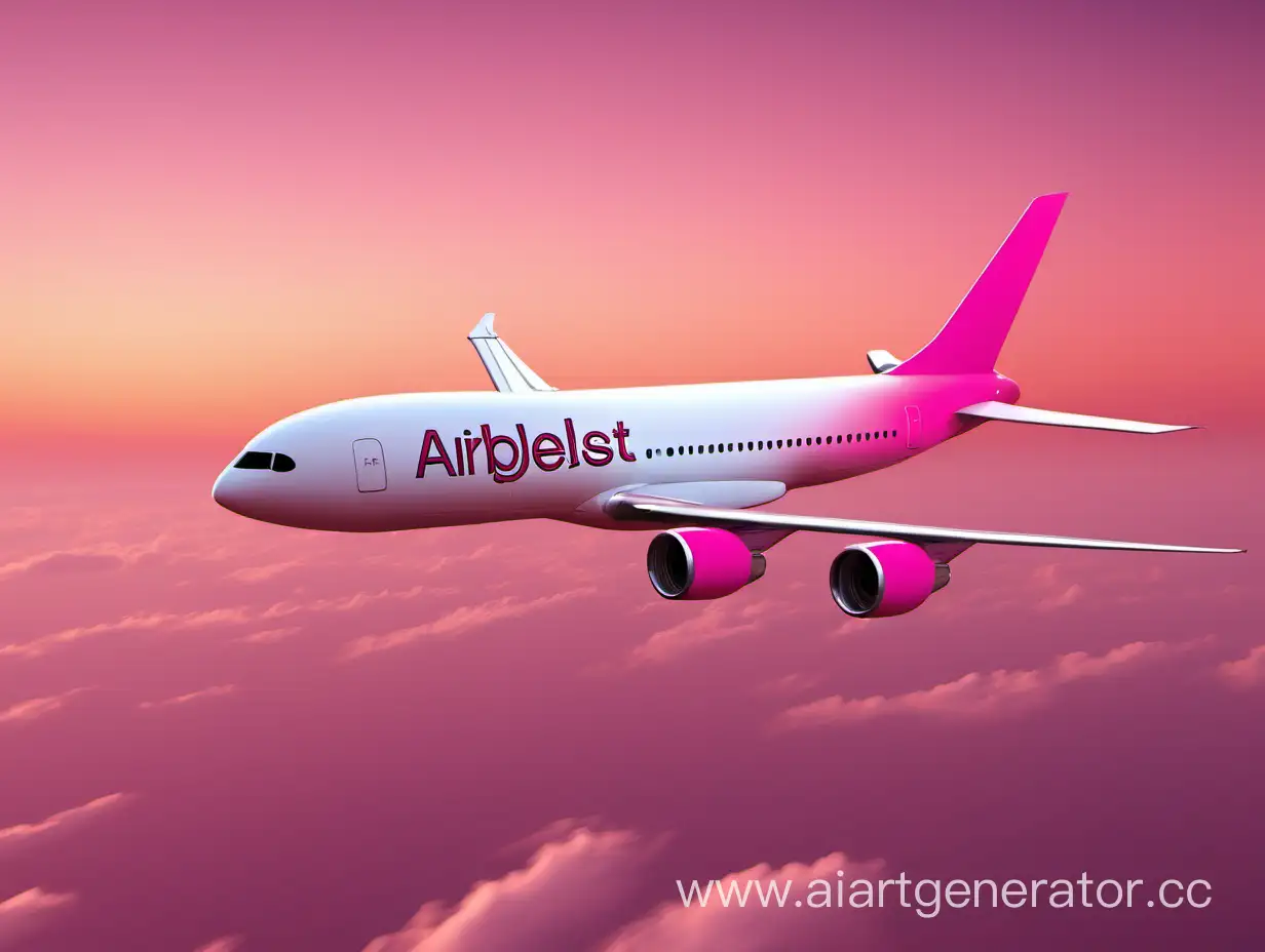 Aerial-View-of-Airblest-Airlines-Plane-Against-a-Pink-Sunset