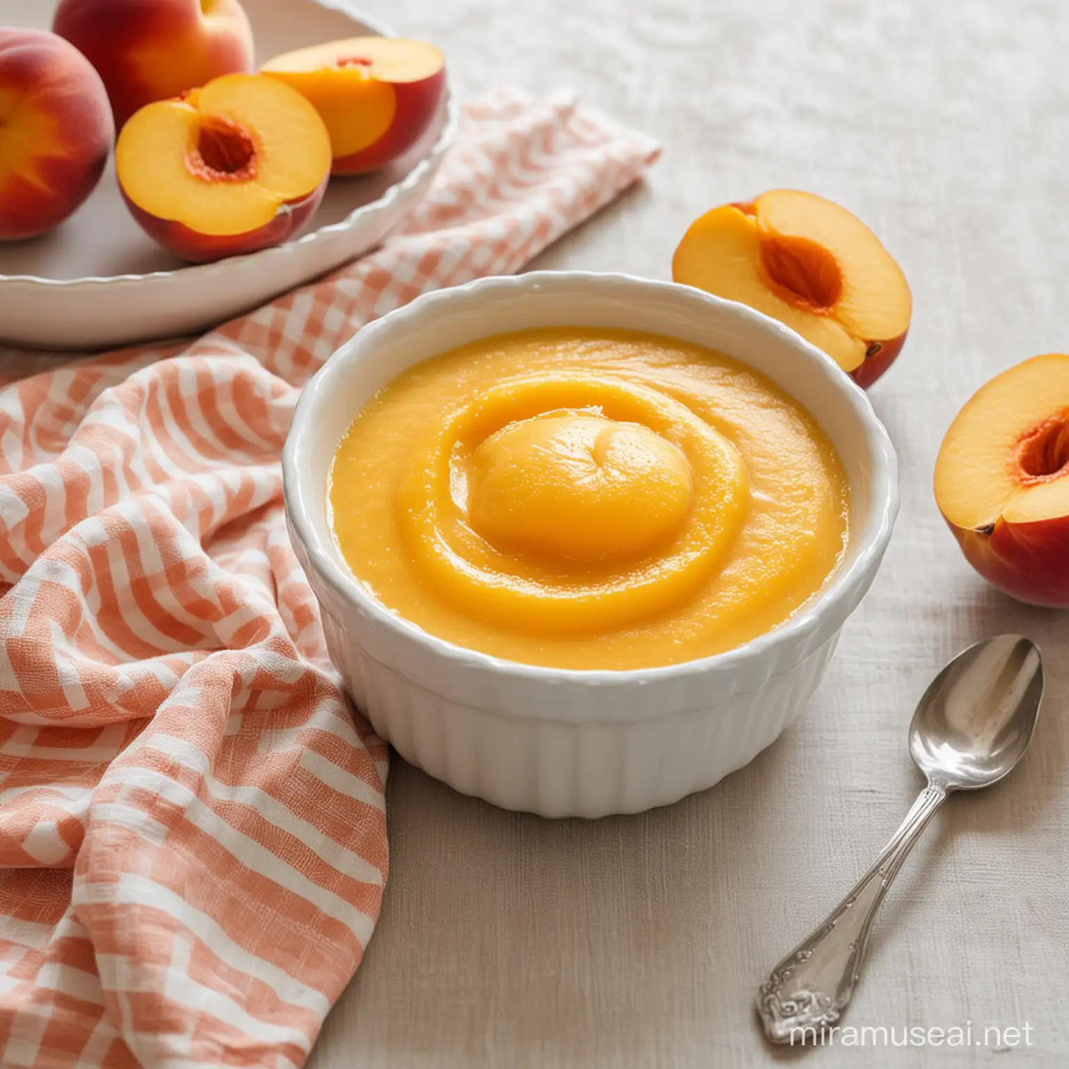Peach Puree in a bowl on a table with a nice table cloth