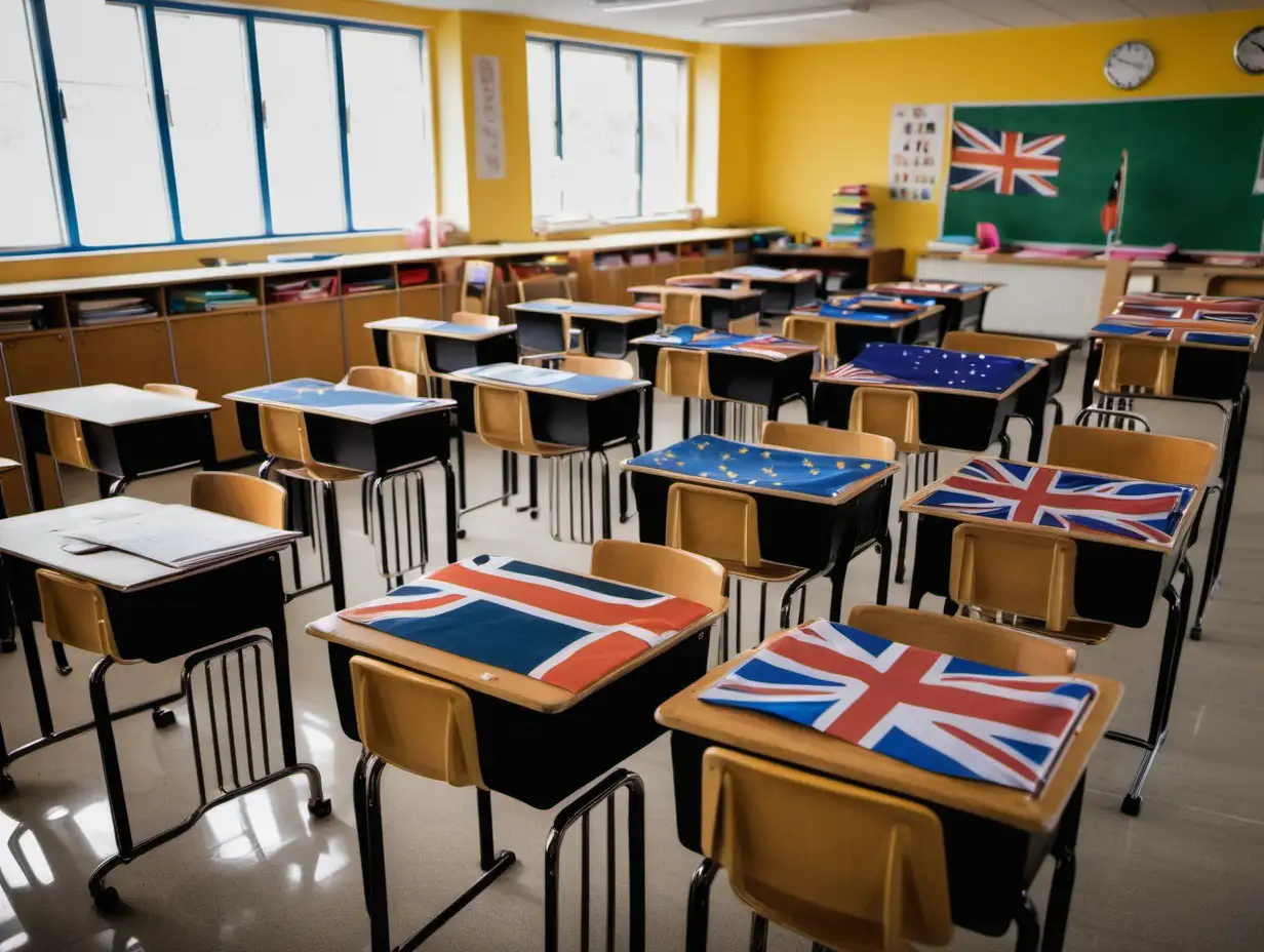schoohl class room full with students desk as country flags
