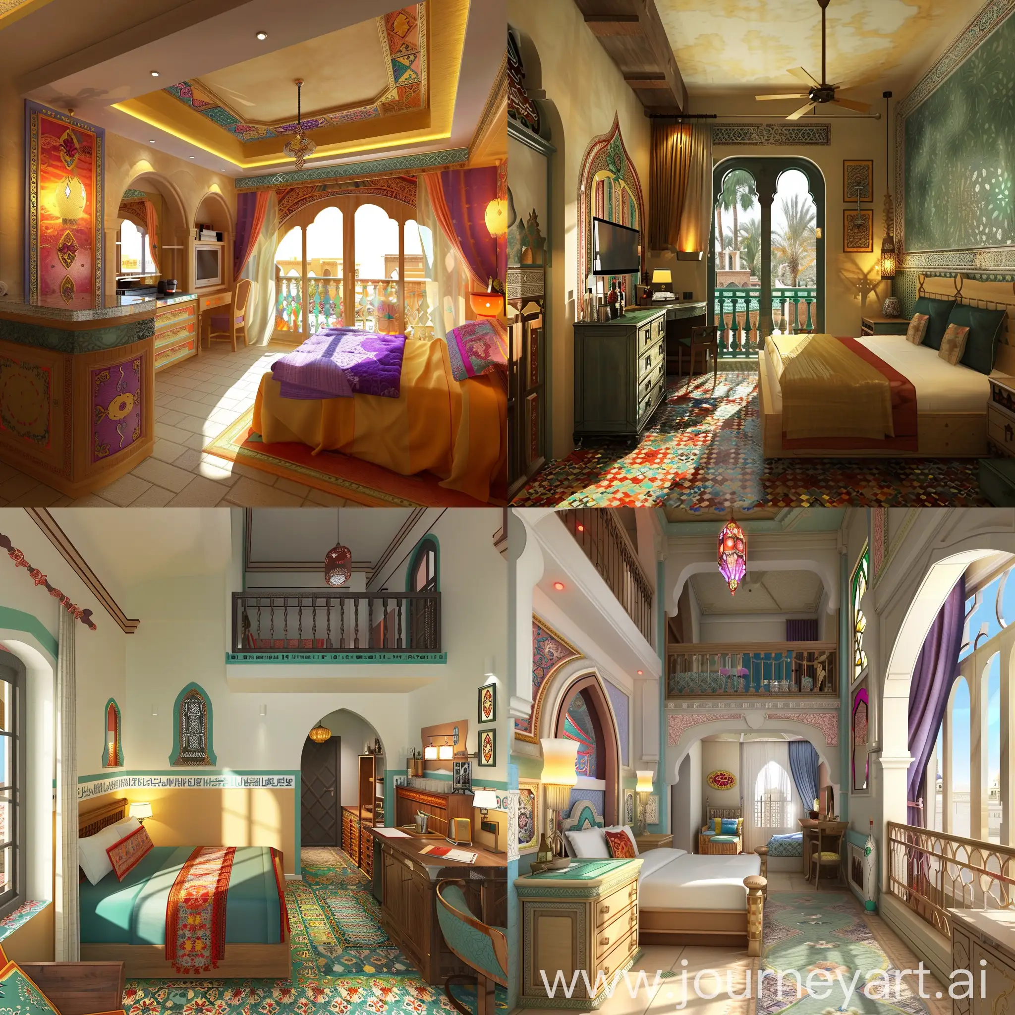 Создать перспективу , цветную ,дизайн комнаты отеля, 35 квадратных метров, в арабском стиле, с балконом, кроватью, комодом, письменным столом, мини баром