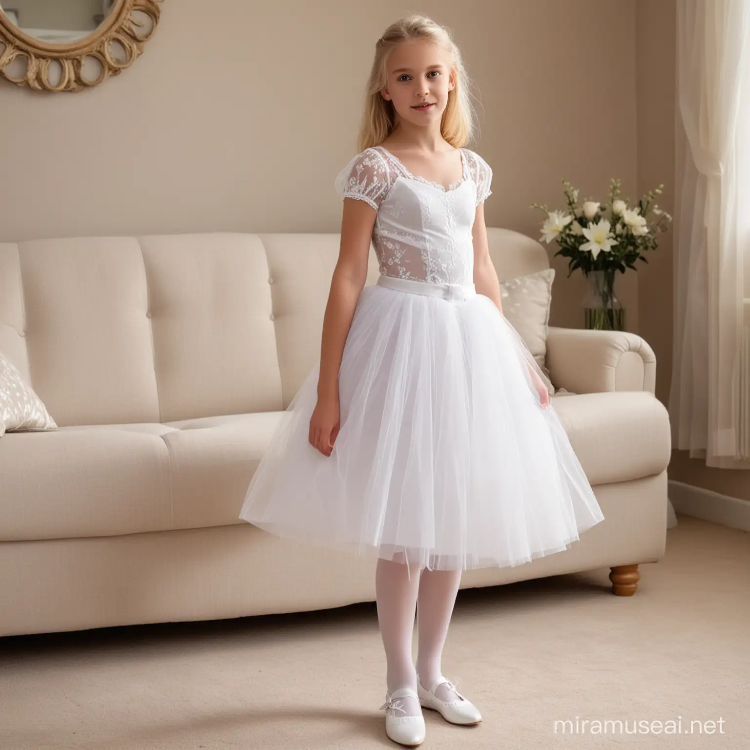 11 year old busty thin blonde  girl in semi transparent communion lacy ultra short tight ball  gown dress white stockings white shoes  in living room side view