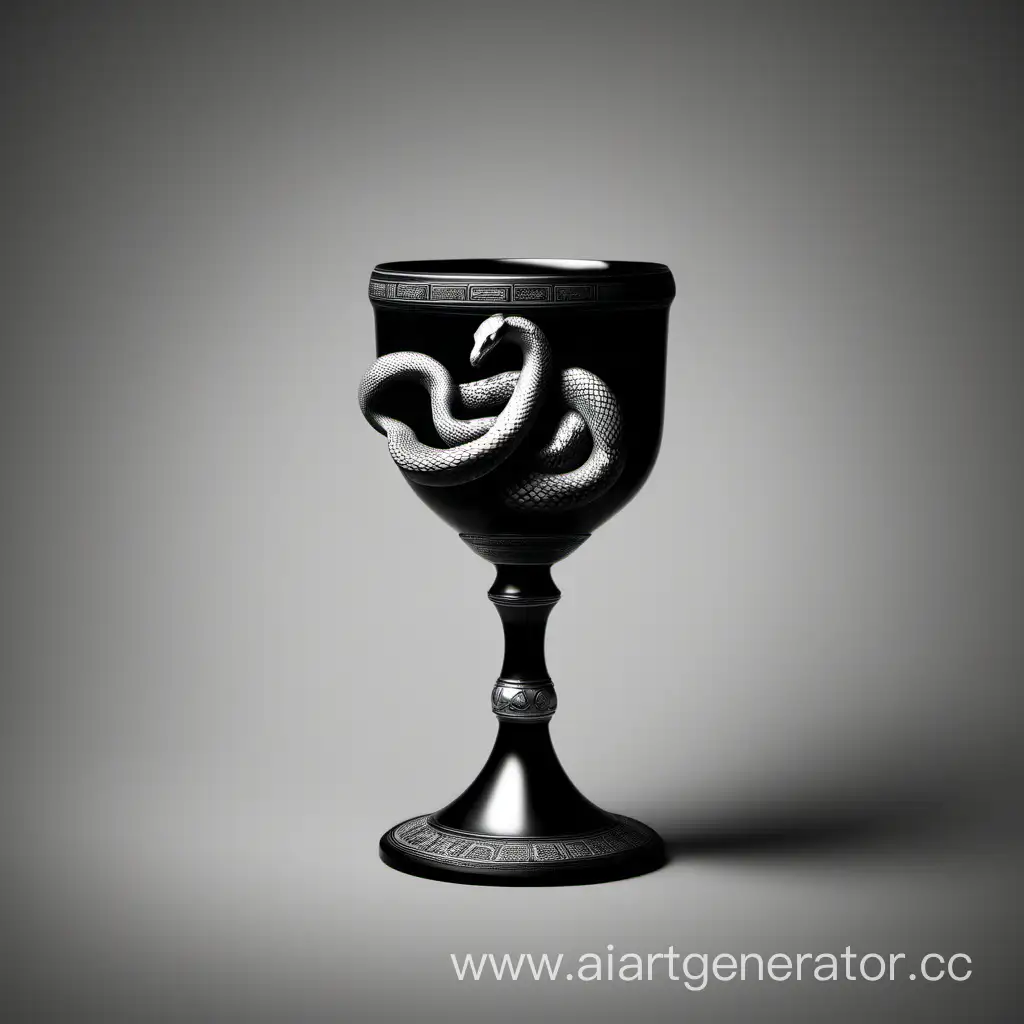 Гиппократова чаша - кубок с реалистичной змеей на чёрном фоне, чёрно бело изображение, минимализм, ничего лишнего, украшений не нужно

