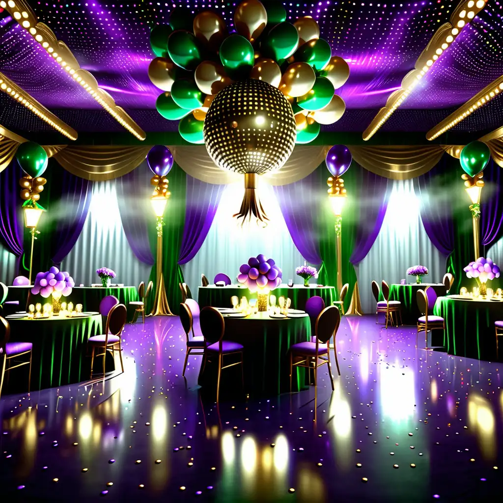 a carnaval hall, a disco ball on the ceiling, party lights, night view, gold, purple and green balloons in the party hall, round and gold guest tables, beautiful  tall center piece with lilac flowers on yjr tables, misty, mystique, high detailed, photorealistic, dynamic lights,
High quality.
HD.
Fantasy style.