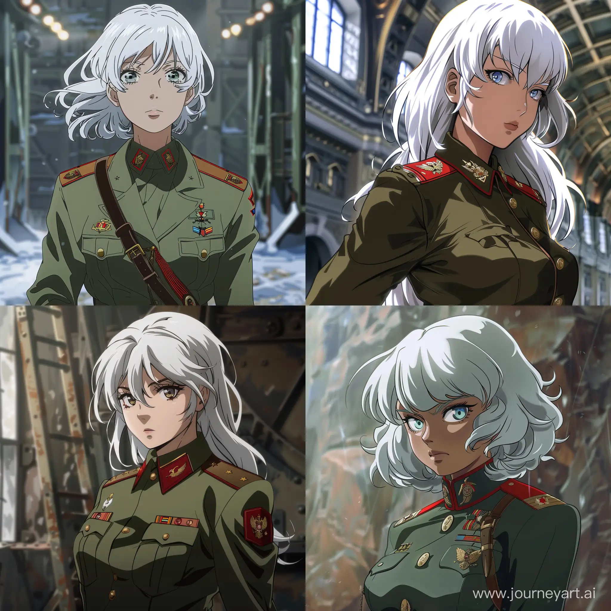 Soviet anime girl in military uniform with white hair --v 6 --ar 1:1 --no 5256