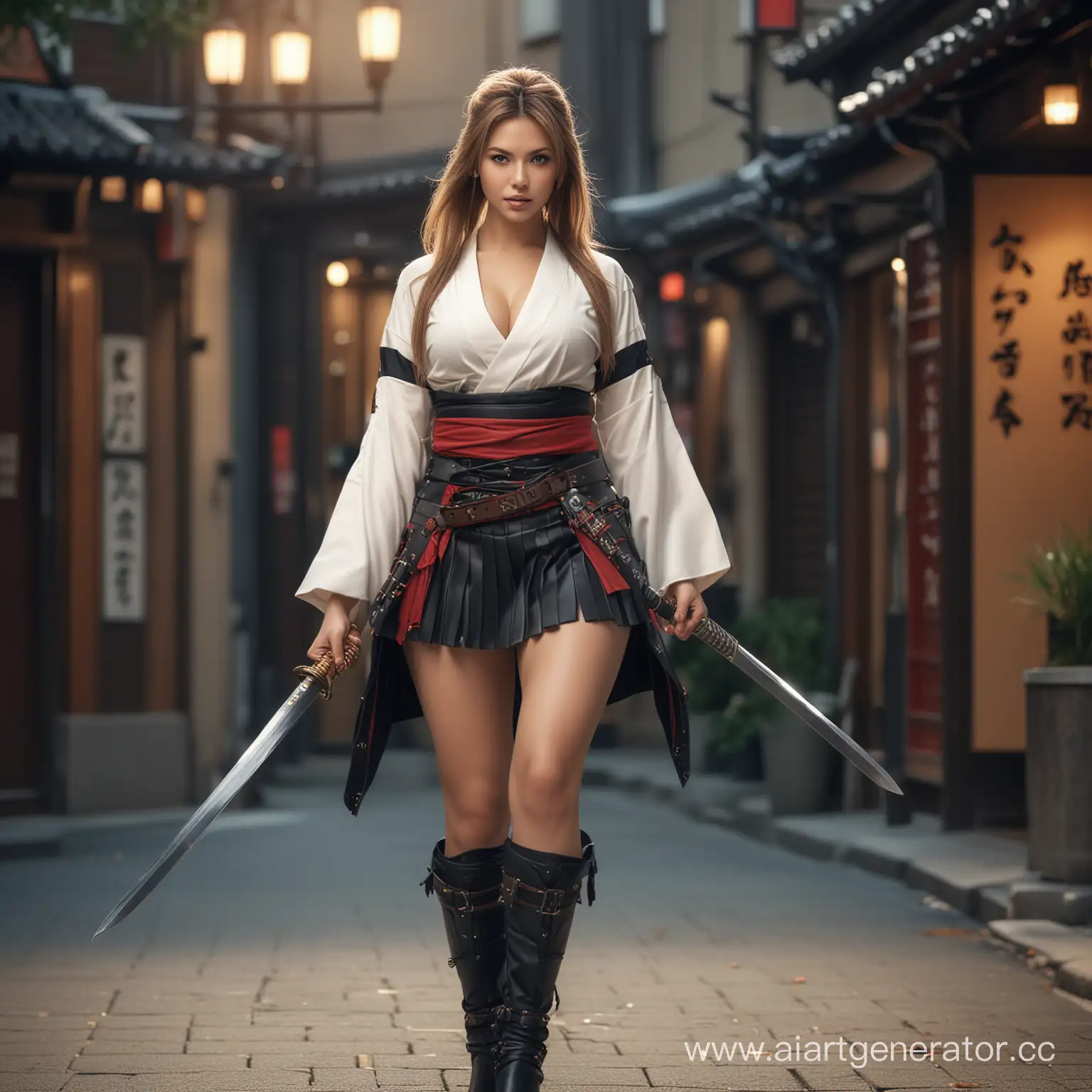 realistic sexy scarlet yohansen as samurai, with two swords stand on dramatic cinema  pose,  wearing  mini-skirt, lack high heels, black knee-high stockings,  C-cup, full-body photo, highly detailed  , Highest detailed hair, neutral colors, ((((hdr)))), ((((muted colors)))), intricate scene,, hyperdetailed, cinematic shot, warm lights, dramatic light, intricate details, photorealistic physiognomy,  beauty body, natural  light,  tokyo street, blur background, white ballance 5000K