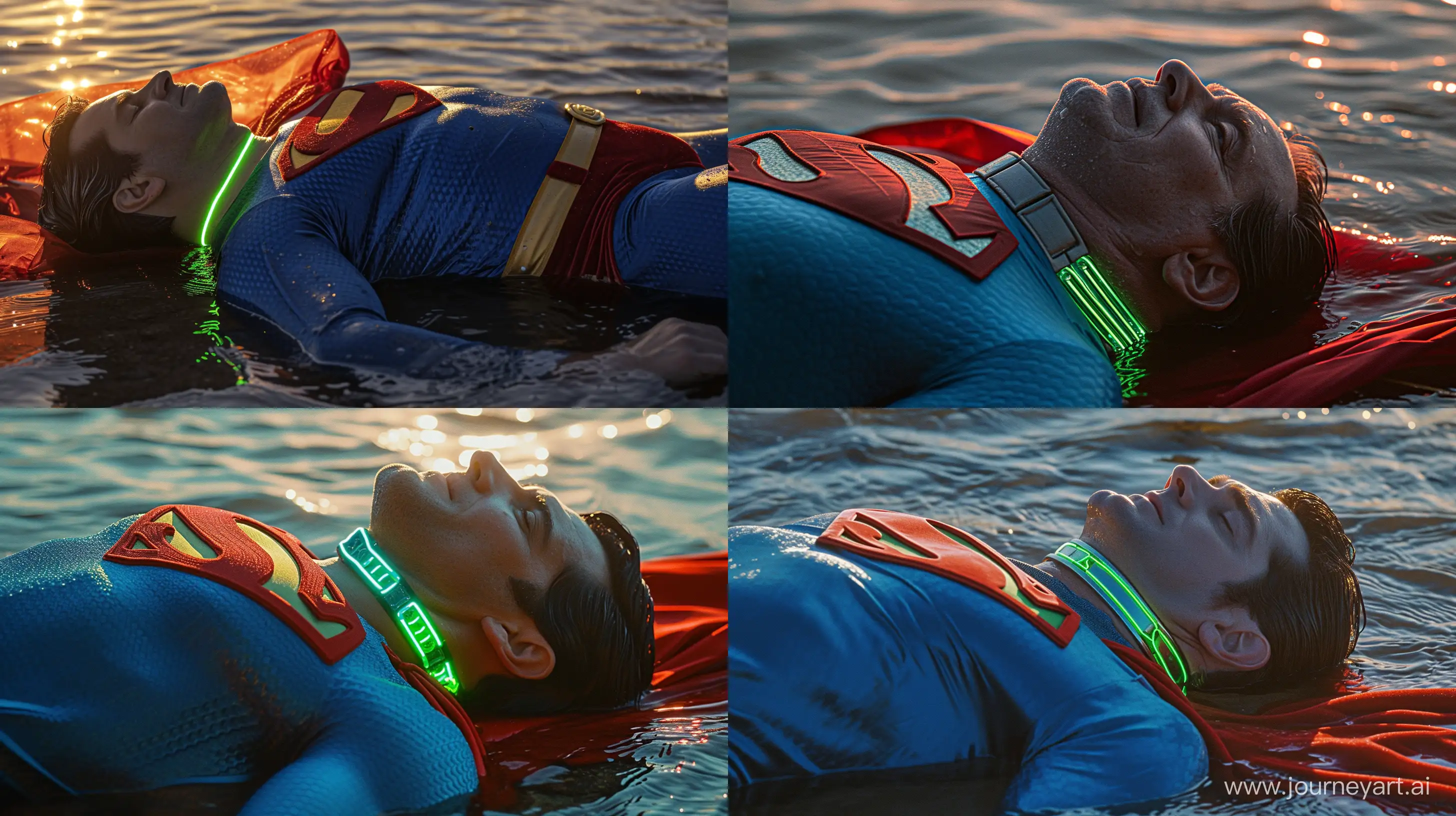 Close-up photo of a 100 kg man aged 60 wearing a tight blue 1978 silk superman costume with a red cape and tight green glowing neon dog collar lying in the water. Natural Light. River. --style raw --ar 16:9