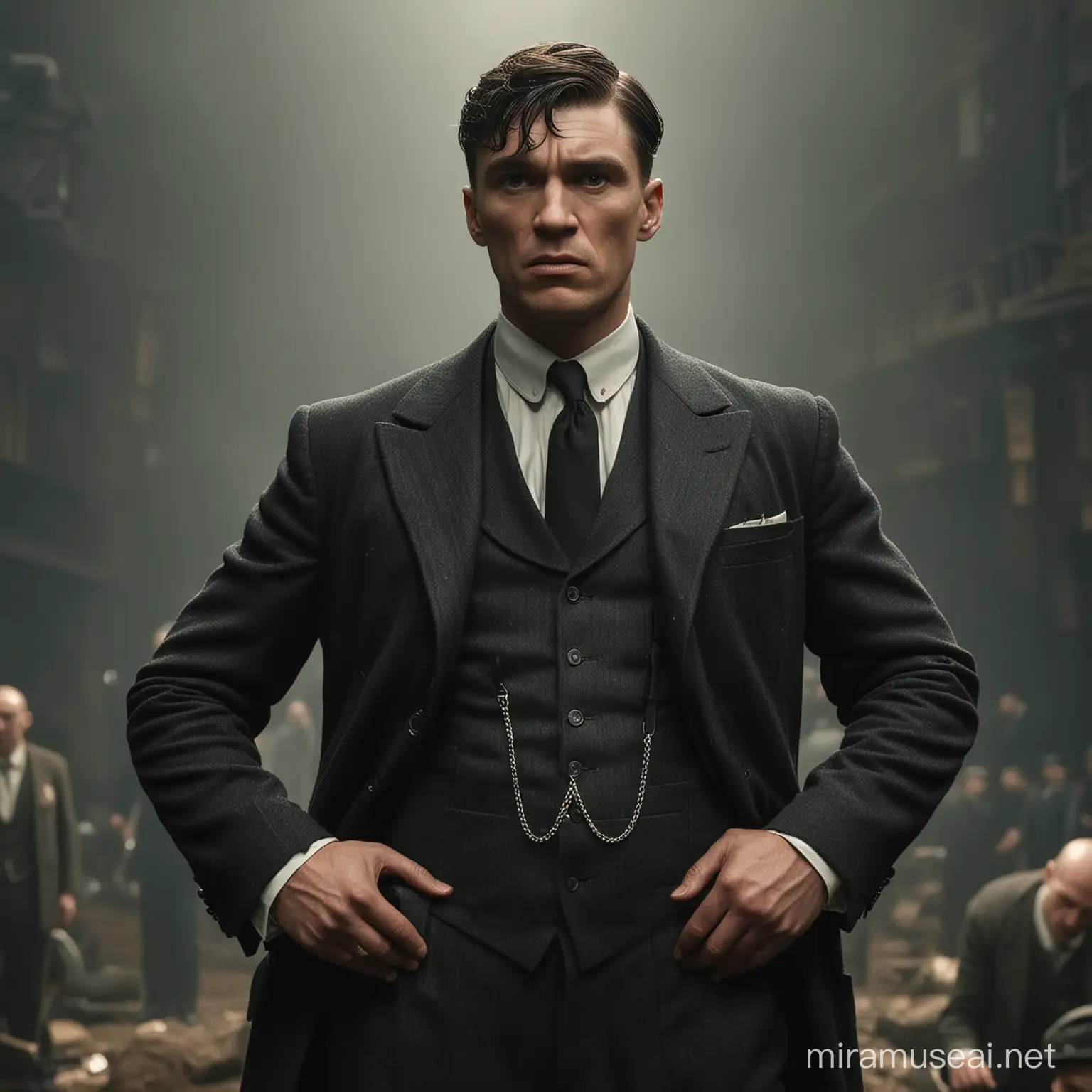 generate Thomas shelby (actor)  from peakt blinders, who is standing  in dominante He has his hands on his hips pose and dont care what others thinking about on him, make good face expression and do so realistic.