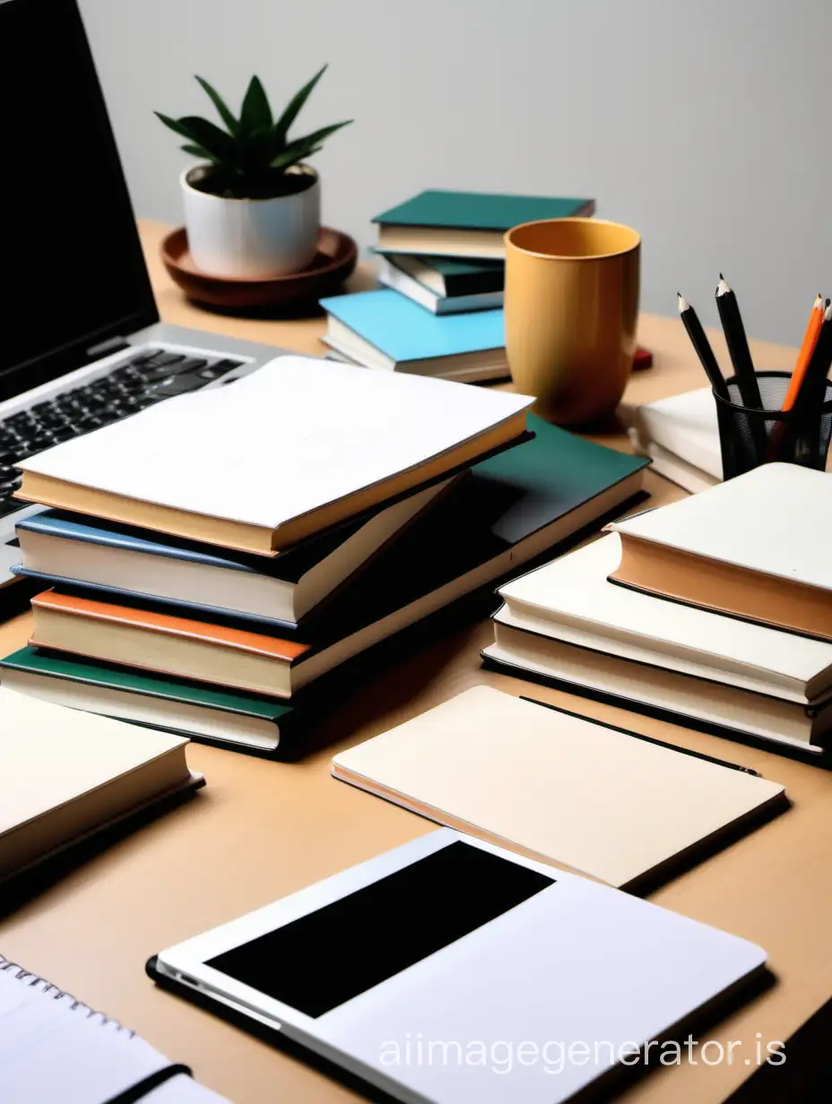 Photo aesthetics of studying, student life, books and notebooks piled on the table, laptop, without a person