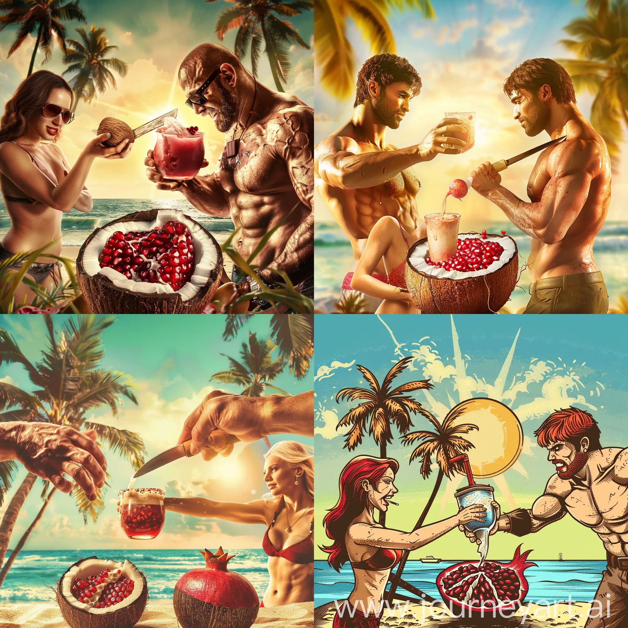 На фоне солнца пляжа пальмы кокосовый орех разломанный с фруктом граната напиток кокосовый в него выдавливает рукой гранат брутальный мужик с мачета   дает напиток девушке