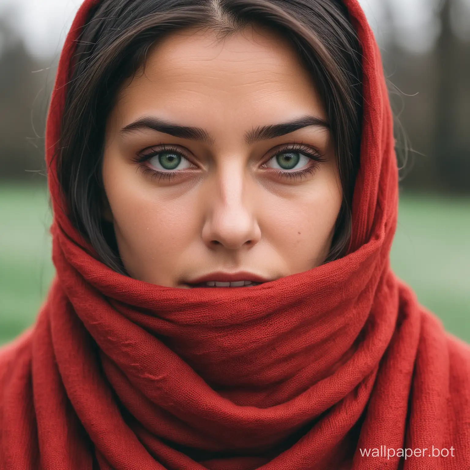 A woman wearing a weather-worn red shawl covered mouth staring at me with dark green eyes