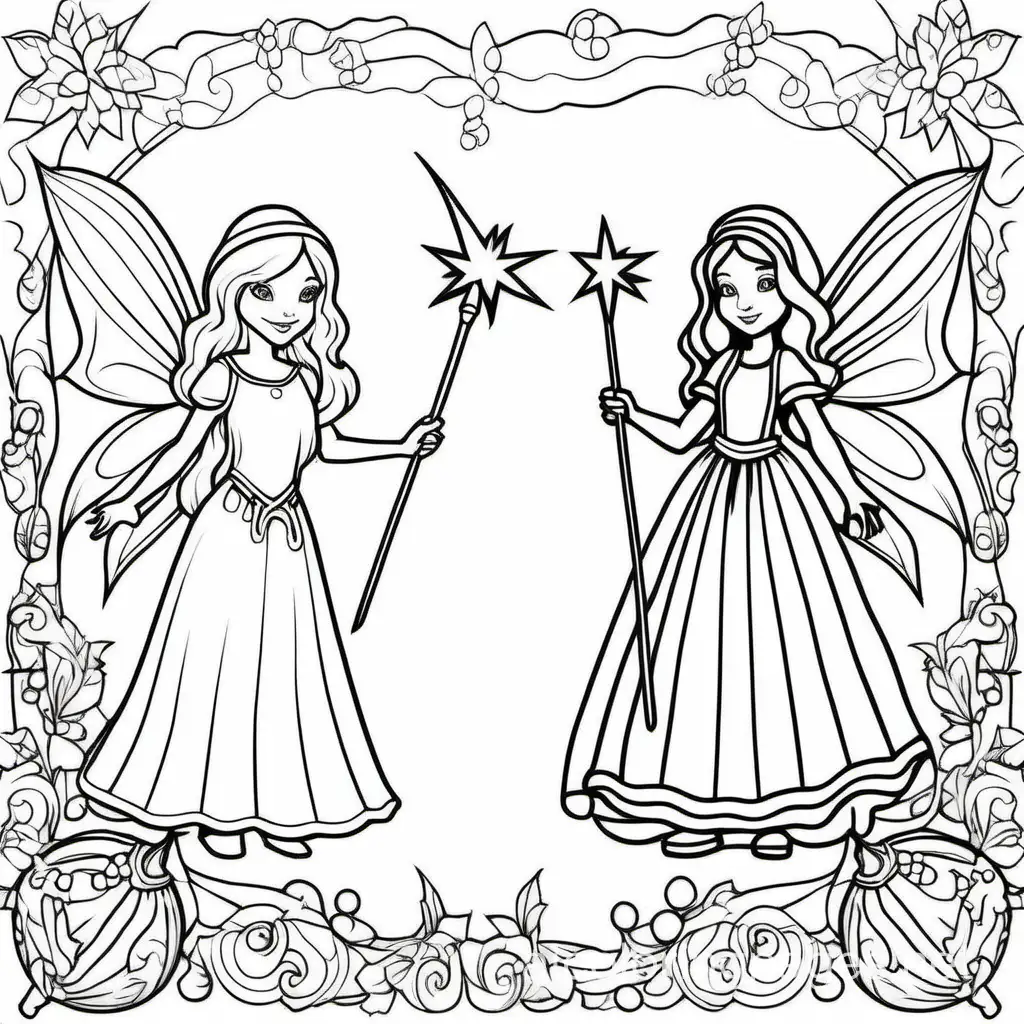 a fairy and witch

, Coloring Page, black and white, line art, white background, Simplicity, Ample White Space. The background of the coloring page is plain white to make it easy for young children to color within the lines. The outlines of all the subjects are easy to distinguish, making it simple for kids to color without too much difficulty