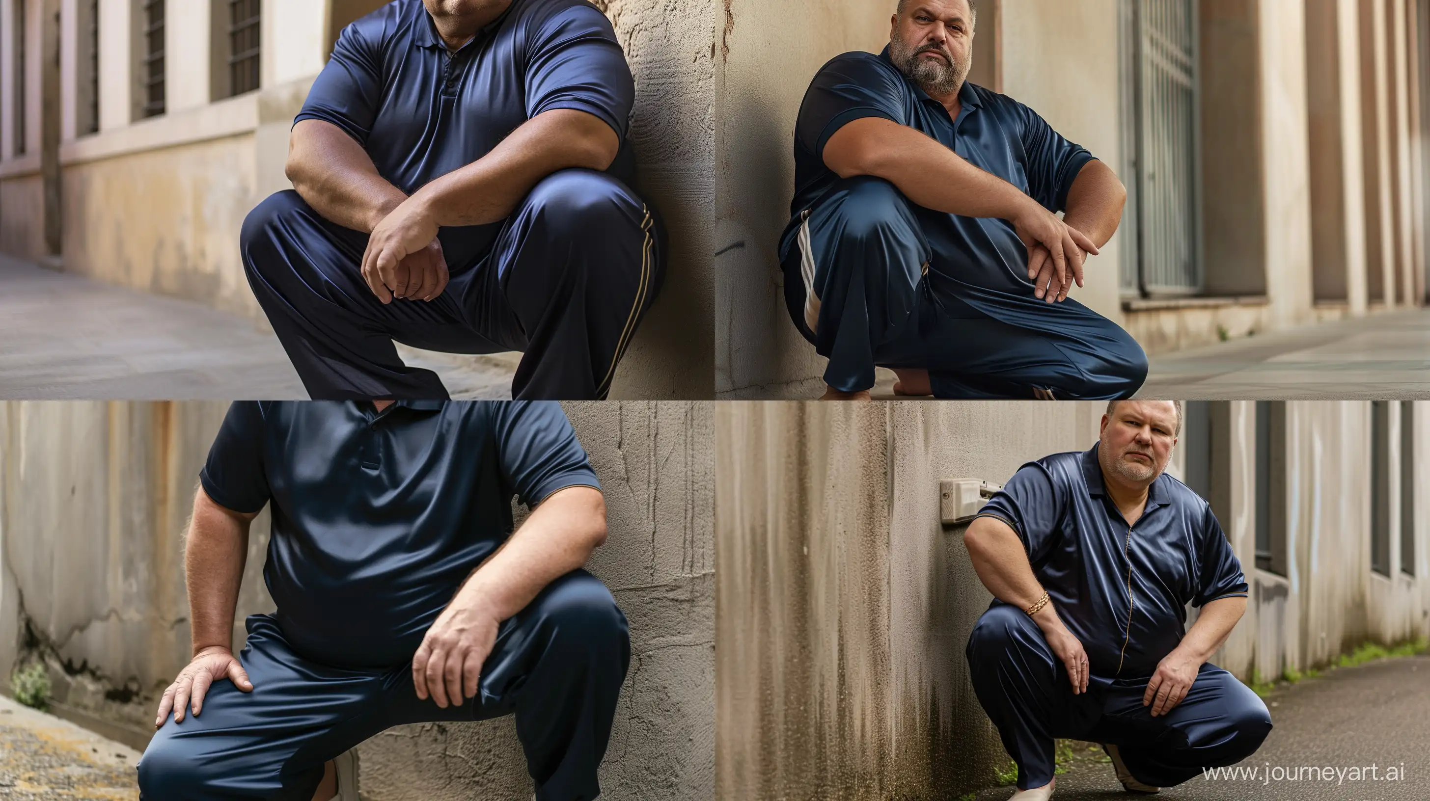 Front view close-up photo of a fat man aged 60 wearing a silk navy tracksuit pants and a tucked in sport silk polo shirt. Kneeling against a wall. Arms laying relaxed. Outside. --style raw --ar 16:9
