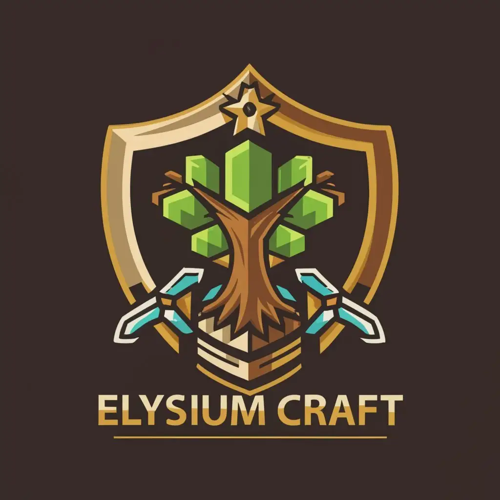 a logo design,with the text "E l y s i u m c r a f t", main symbol:shield with swords, apple, Minecraft tree,Умеренный,be used in Развлечения industry,clear background