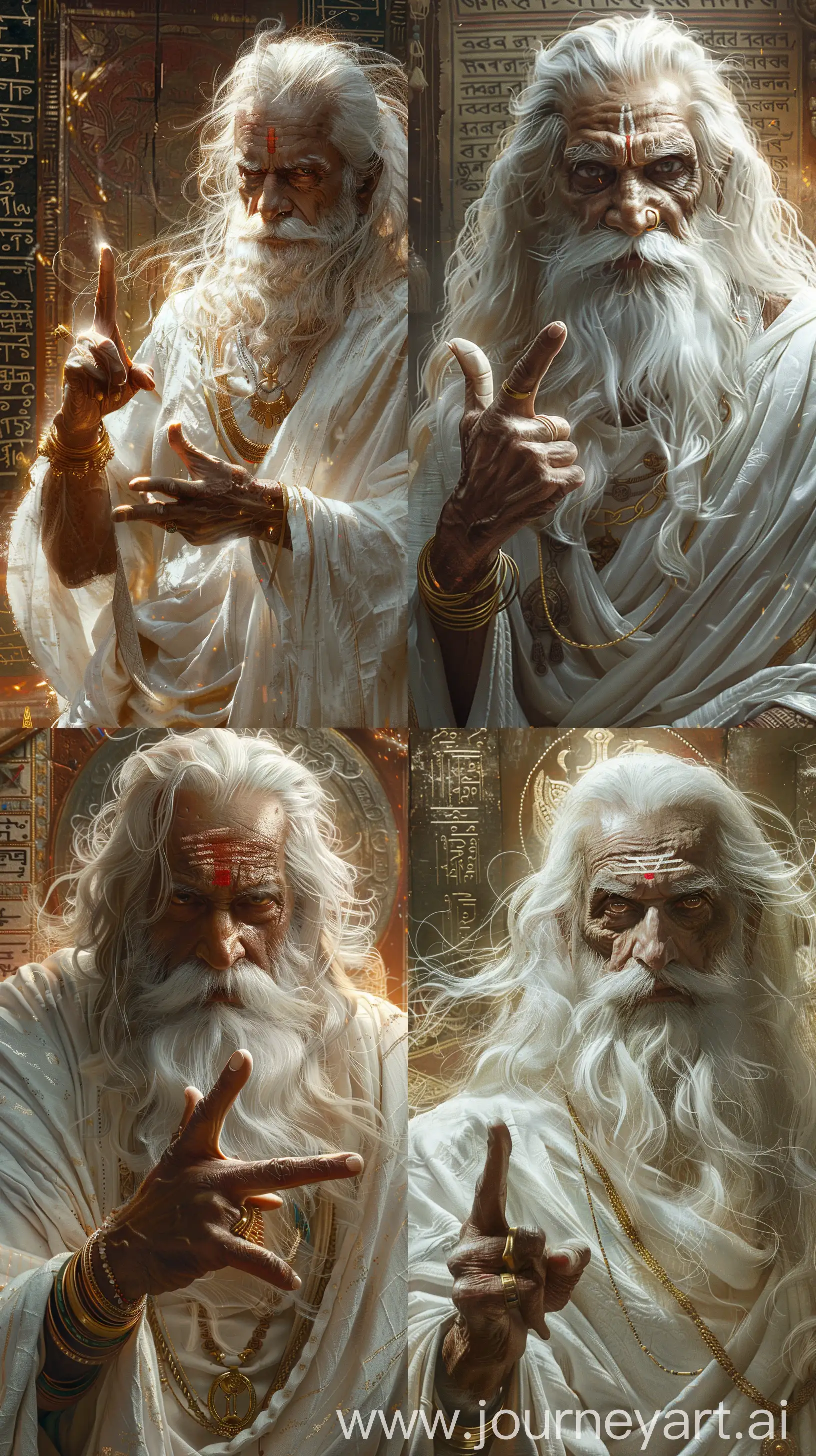 !mj3 Elderly Indian sage from ancient times, white long hair and beard, white attire, expression of warning with his forefinger pointed out, deep in conversation, intricate details, high-resolution 8k, wisdom in eyes, traditional Indian backdrop, ancient manuscripts, ethereal glow --ar 9:16 --s 200 --v 6