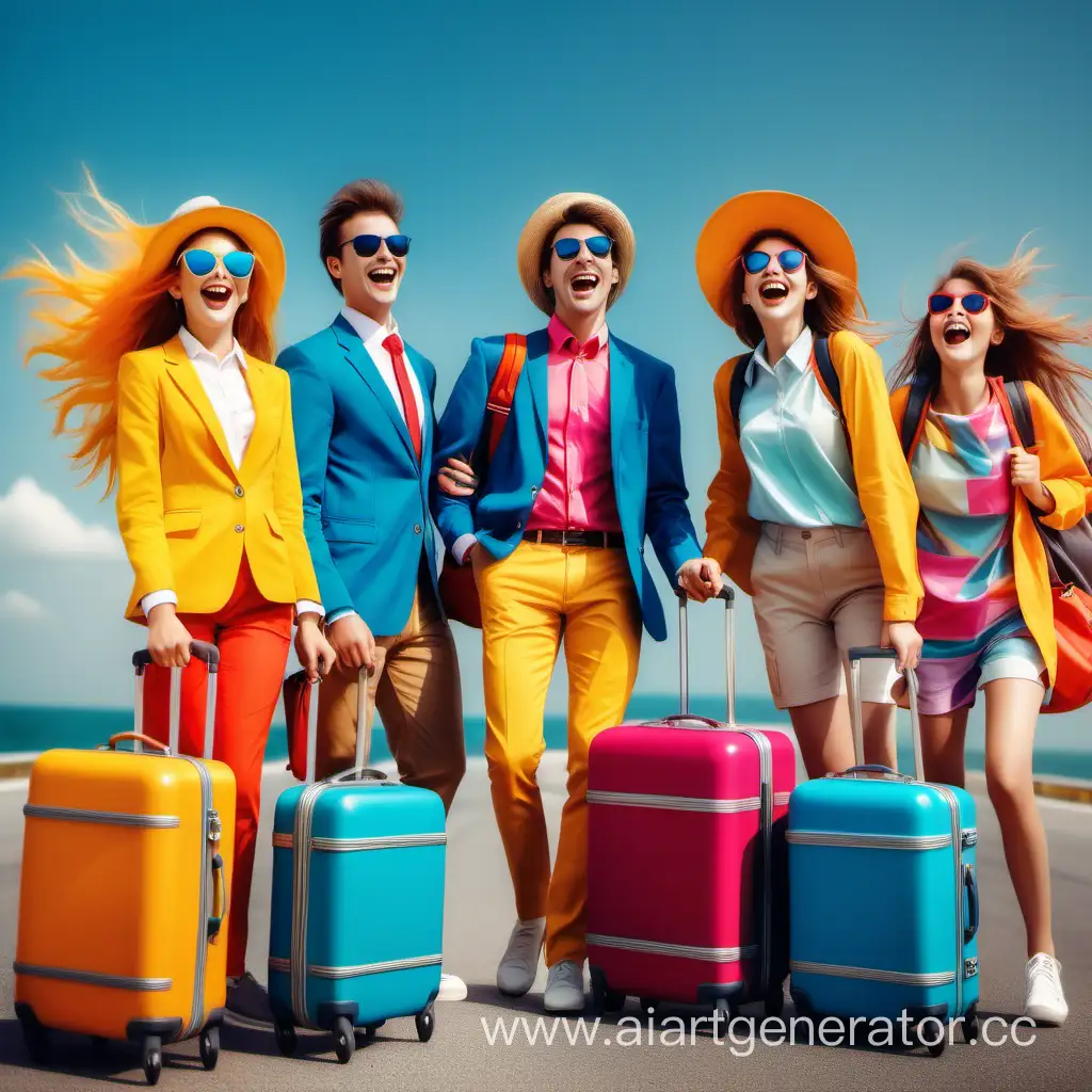 компания из 3 веселых путешественников девушек и парней в разноцветной одежде в полный рост в солнечных очках с развивающимися на ветру волосами и разными чемоданами и сумками в руках