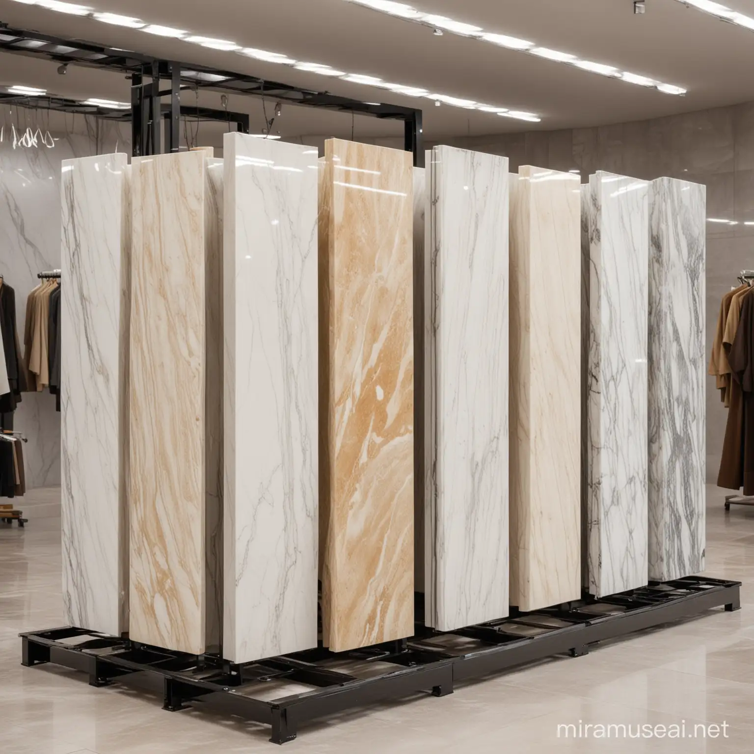 Arrangement of Glossy Marble Slabs on Special Racks