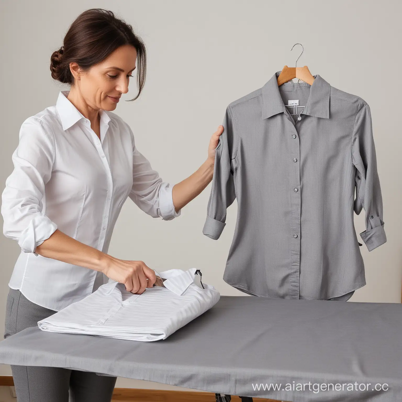 Женщина 40 лет гладит блузку утюгом на гладильной доске серого цвета