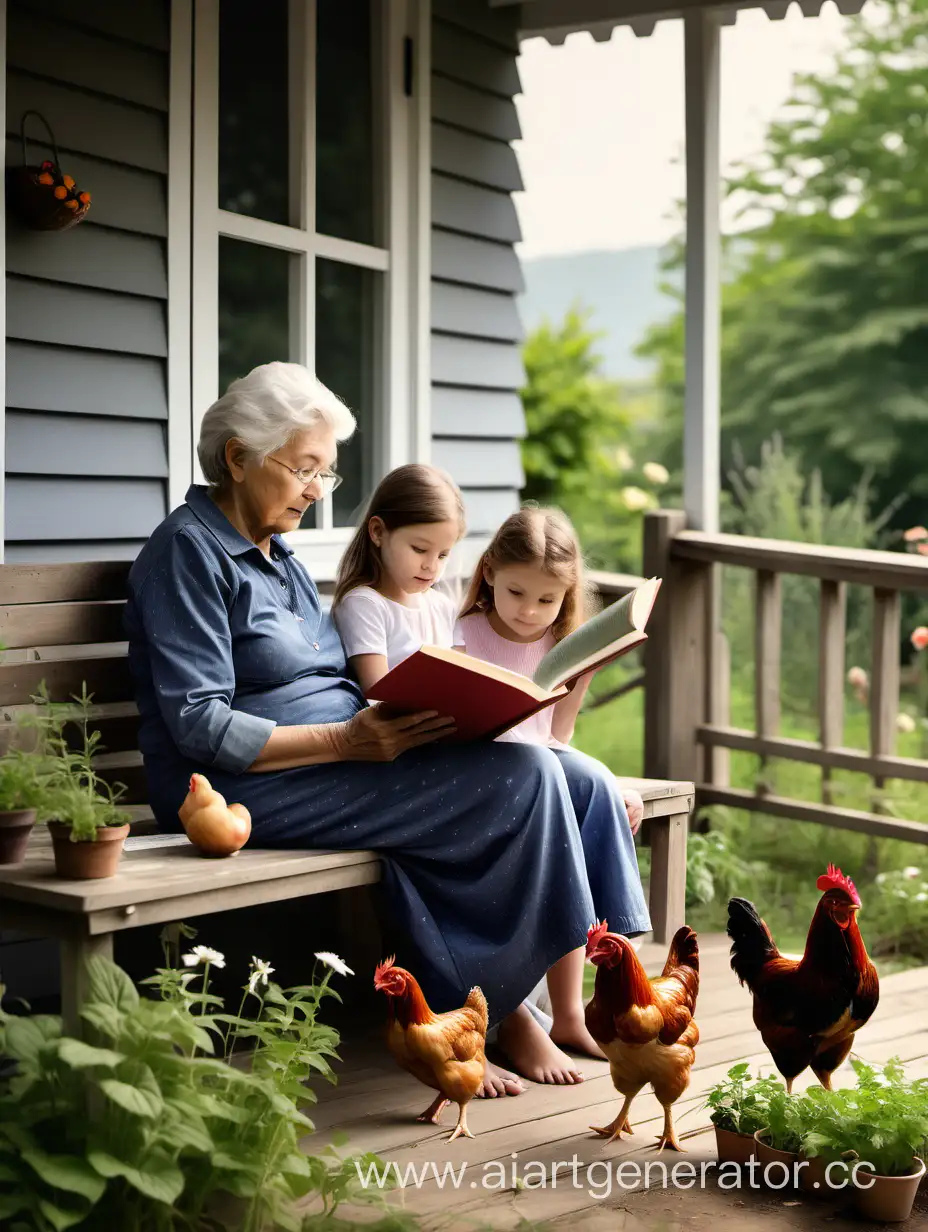 Бабушка и внучка на крылечке в деревне читают книгу а рядом куры и сад