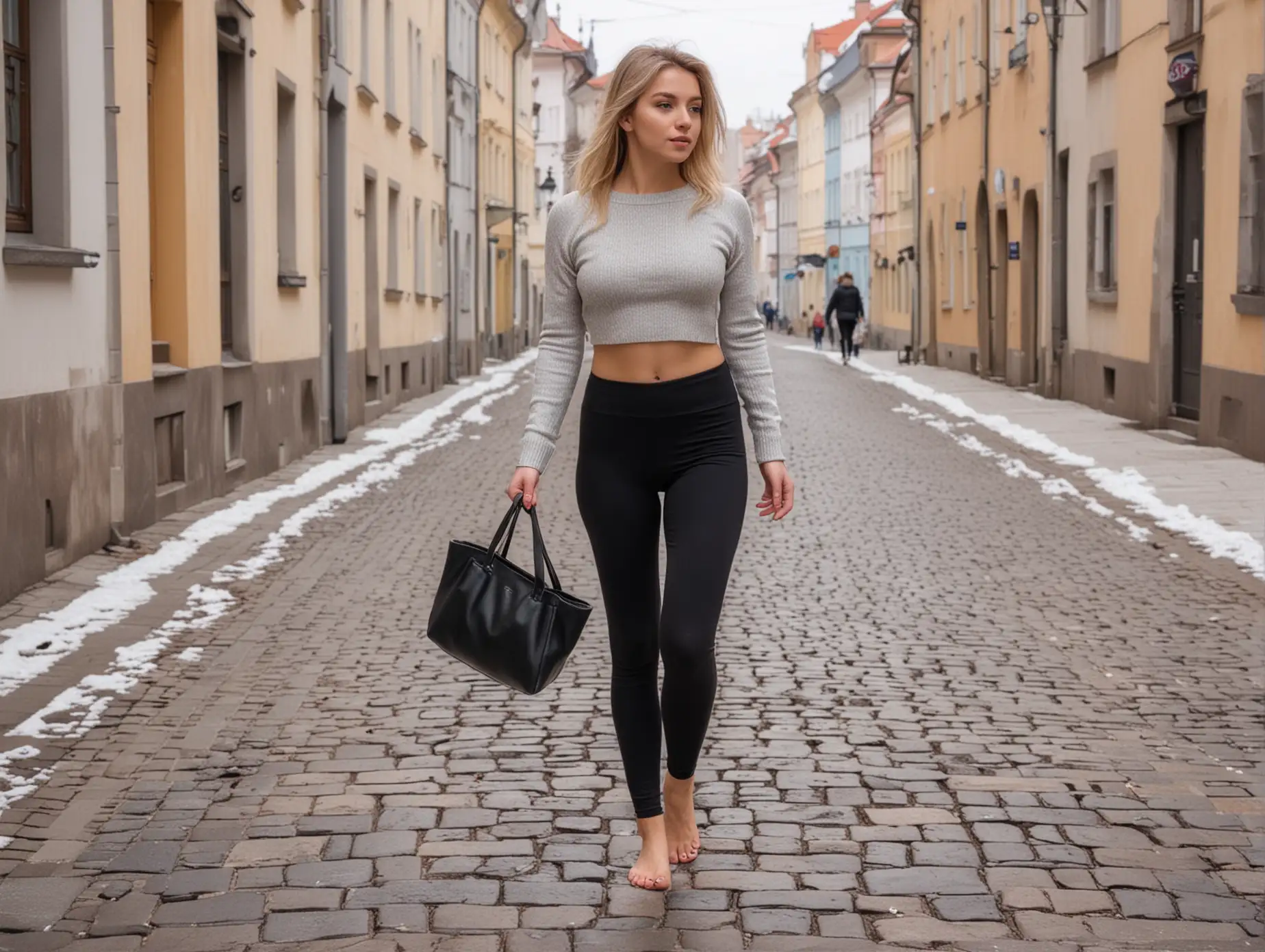 Young Woman Strolling Barefoot through Winter Streets of Prague