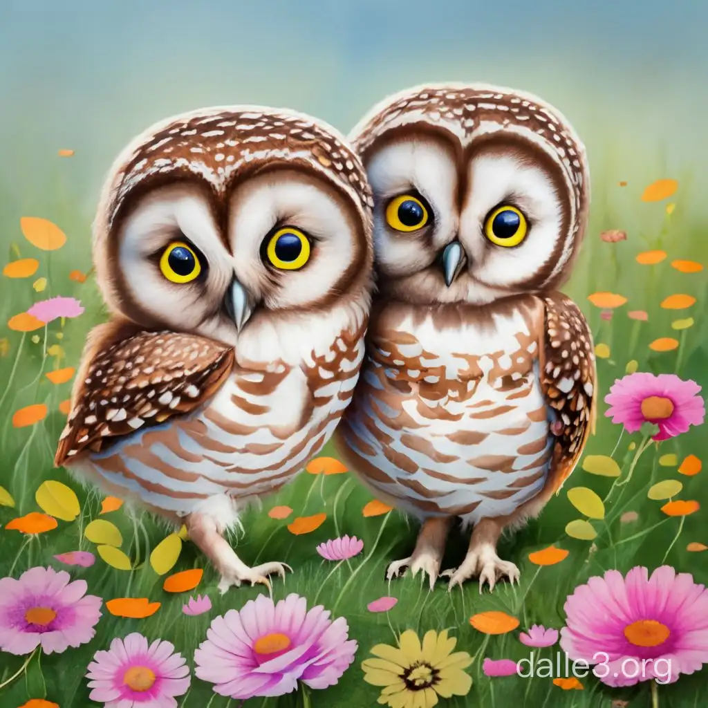 Baby owls picking flowers 