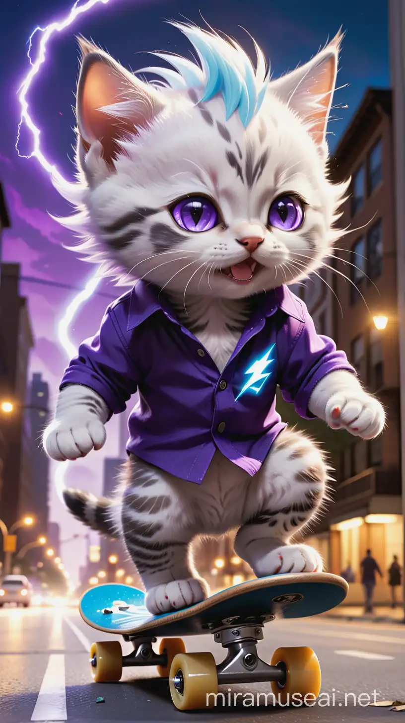 A cute kitten with white and spiky hair, shreds on his black skateboard with a purple lightning design. He wears a blue high-collared long-sleeved shirt over a white v-neck, determination etched on his sharp blue eyes. Sparks fly from his wheels as he executes a perfect ollie, the bustling city street blurring past