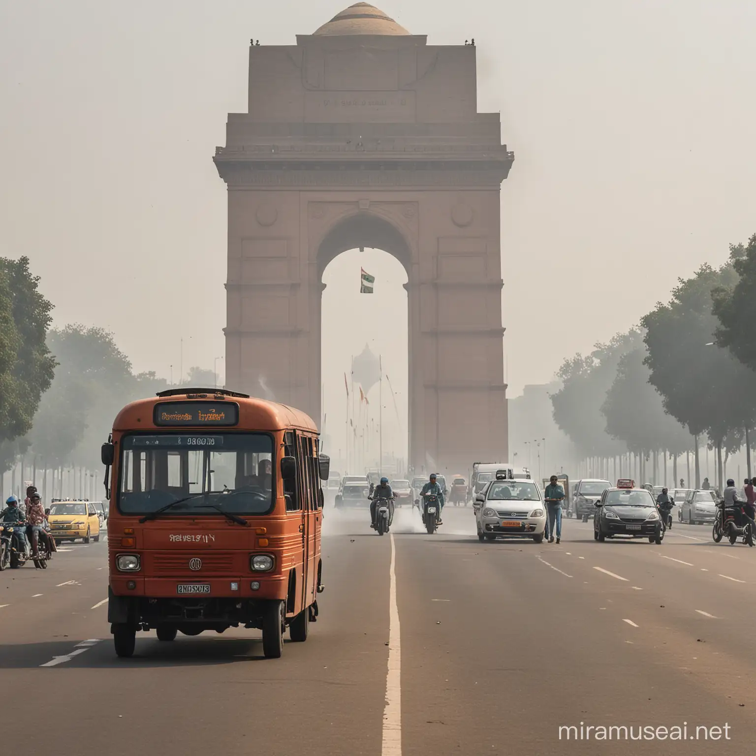 give me an image from Delhi, and 2 cars, a bus, 3 scooters with the smoke from their exhaust visible and the india gate in the background