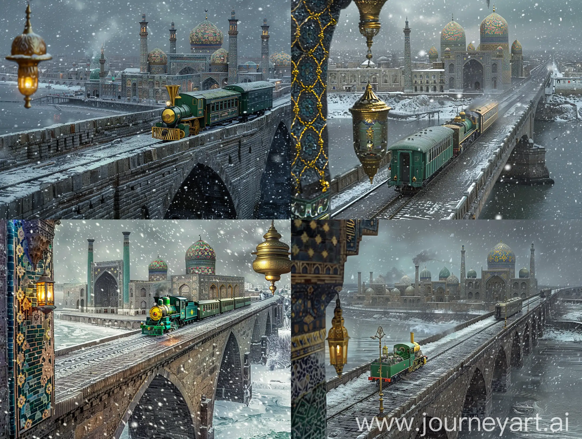 Cinematic photo: A stonebridge going towards into a seafront city, a green golden steam engine train moving on the bridge towards the middle of city, in the background is the wide seafront city of floral Persian tiled Uzbekistan mosques and Safavid architecture Isfahan mosques covered with floral persian tile exterior and gold ornaments, dark grey dramatic weather, snowfall, a glorious islamic lamp hanging on side of the image --ar 4:3