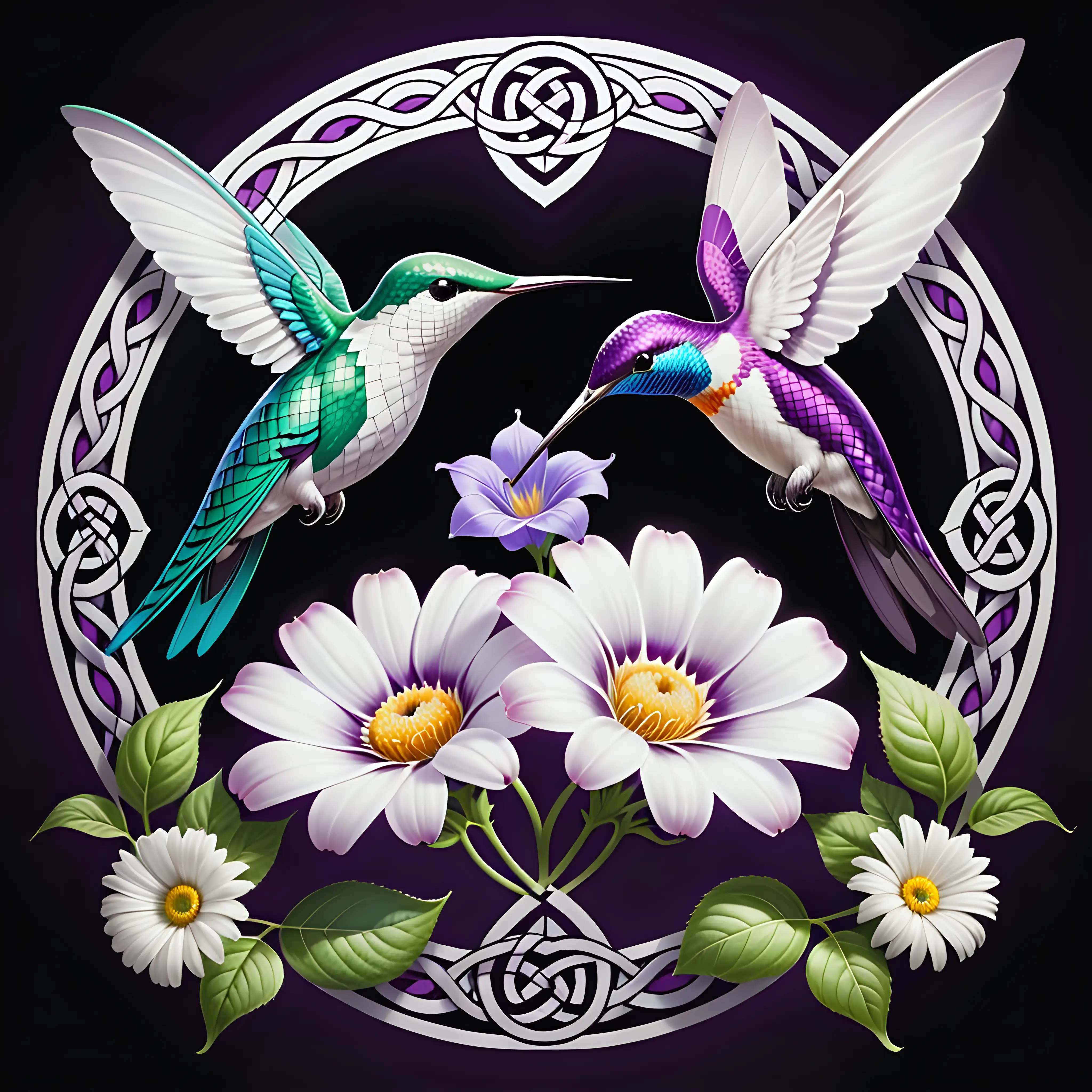 graphic celtic knot, twisted beauty, pure white daisies, purple morning glories, two hummingbird,
 tattoo style