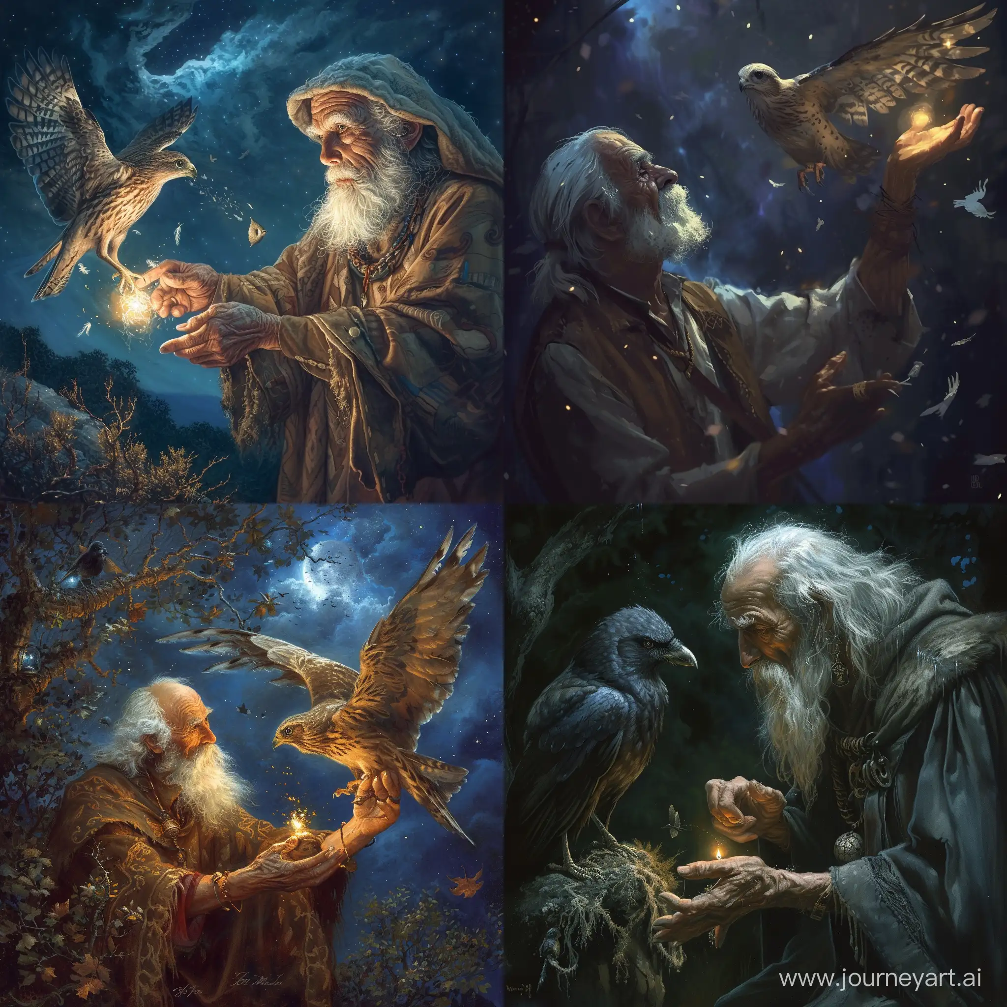 Shepard, bird, old man, magic, night