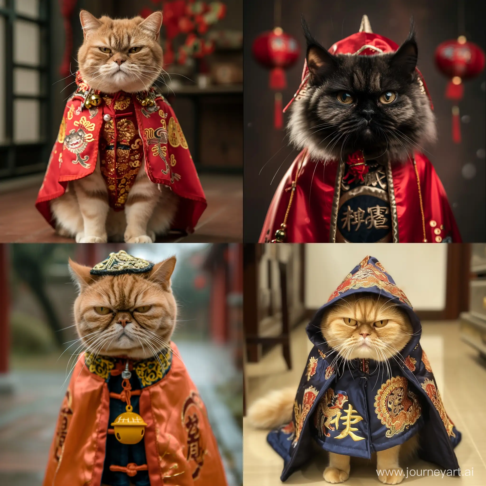 angry china cat in a New Year's cloak