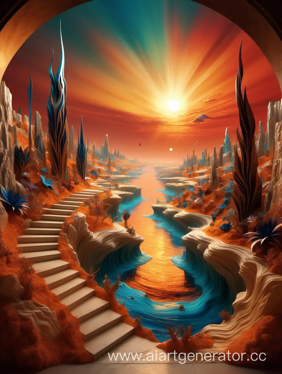 Step into a world of creativity with a visually stunning art design, depicting a graceful and sophisticated surreal landscape, combining elements of nature and fantasy, illuminated by the mesmerizing colors of the setting sun, created in an artwork style. الصورة بجودة عالية 