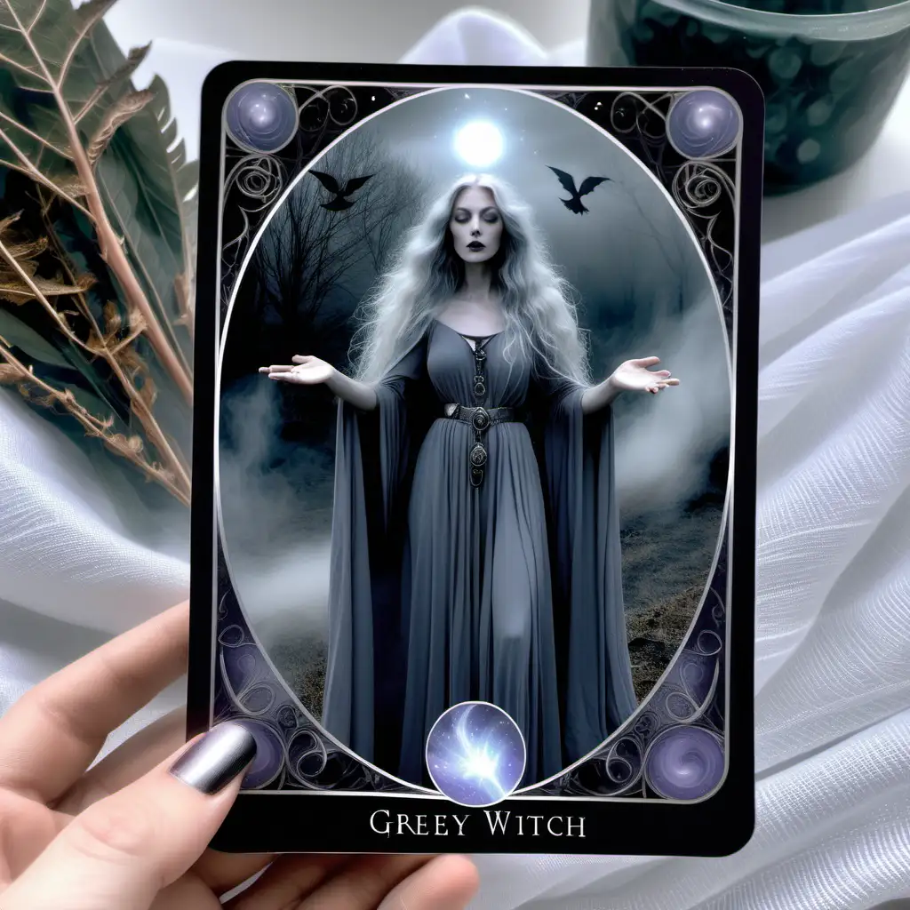 Mystical Grey Witch Oracle Card with Ethereal Presence