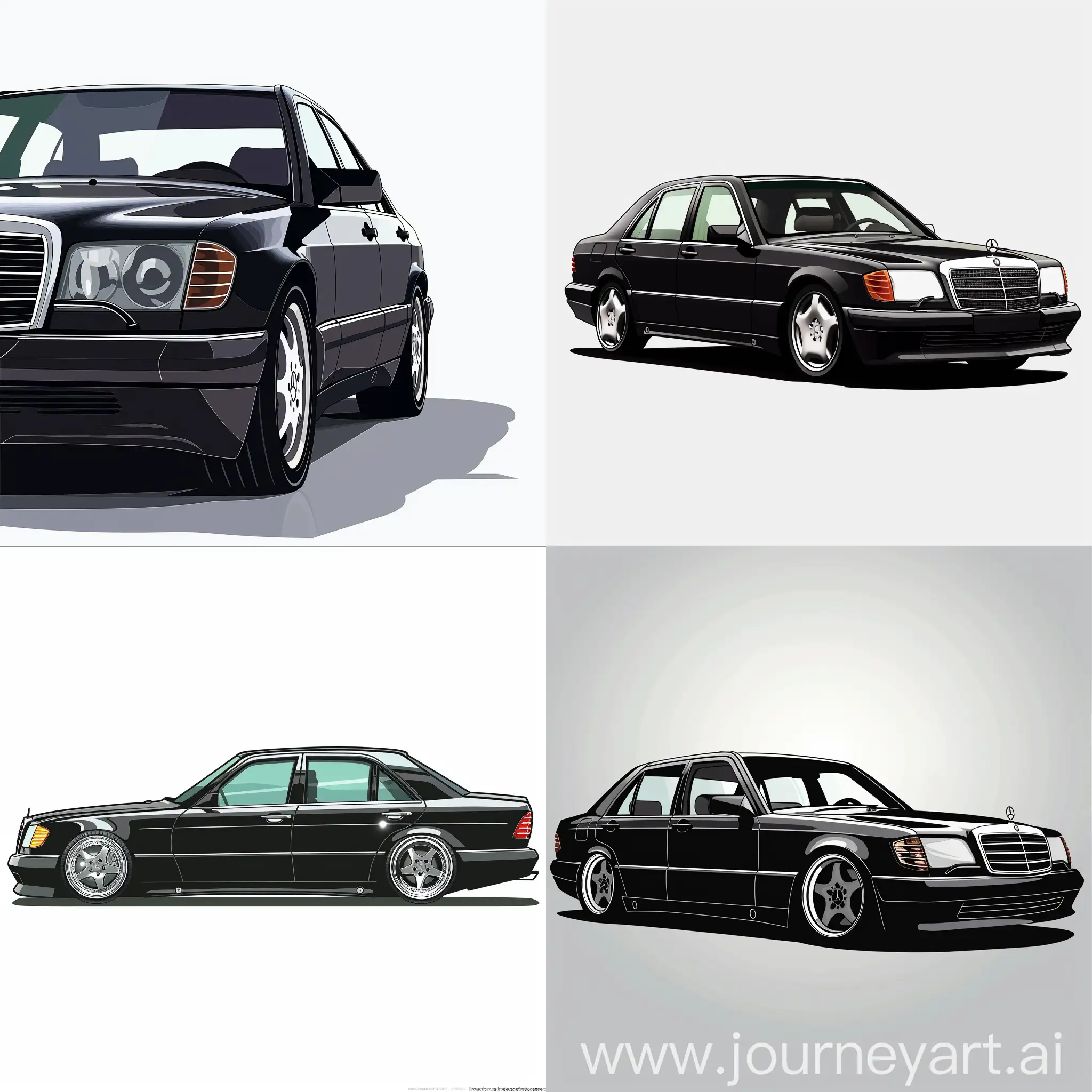 Minimalism 2D Car 2/3 View Illustration of: Black Mercedes Benz W140 S320, white Background, Adobe Illustrator Software, High quality 