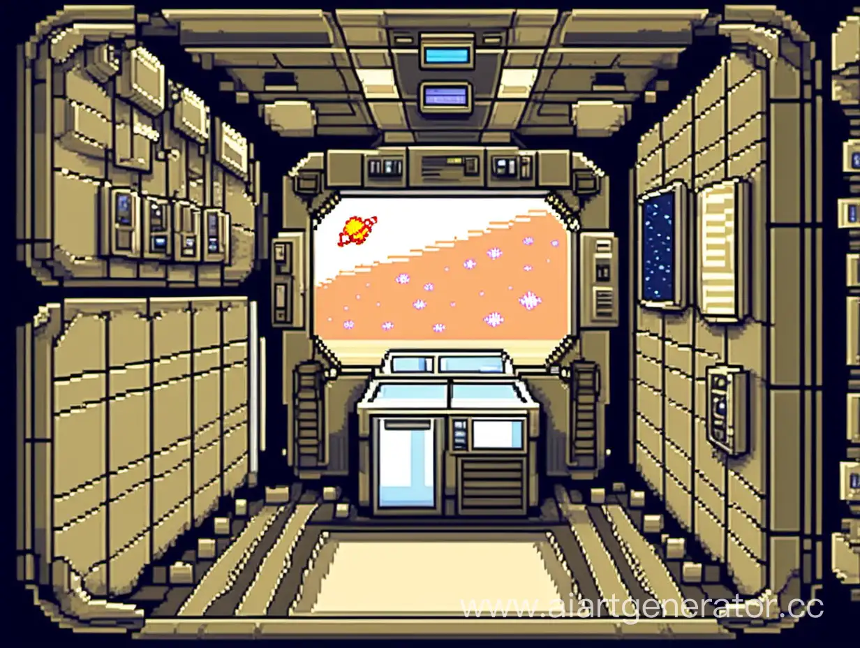 пиксельная картинка стена в  космическом корабле цвета хаки с холодильником и окном в космос