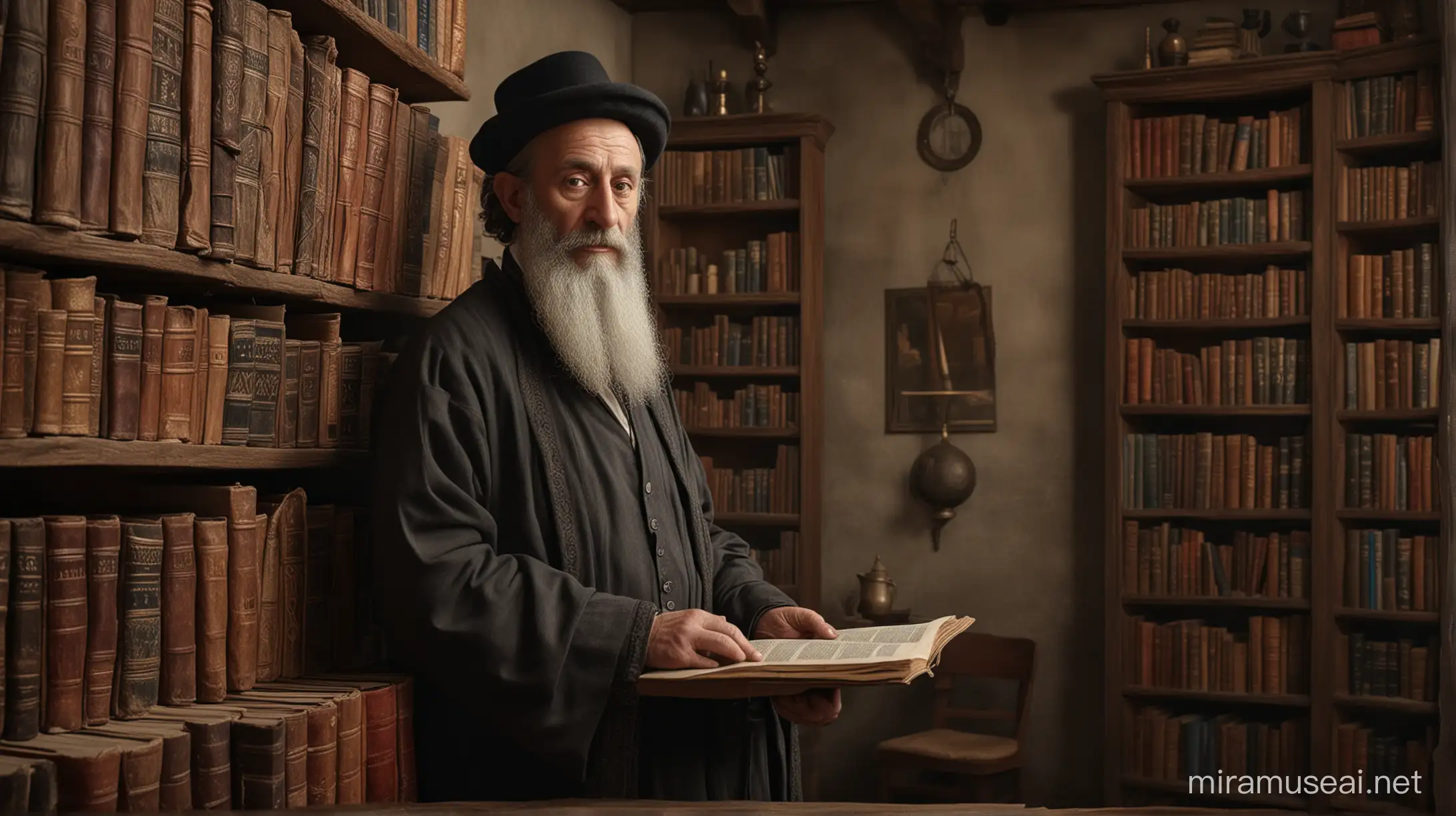 A Jewish rabbi, the Jewish rabbi is an older man, 12th century, the Jewish rabbi wears traditional rabbi clothing, Germany, the rabbi is studying the torah, a room with a bookshelf full of books, in a traditional Jewish dwelling, front , hyper-realistic, photo realism, cinematography