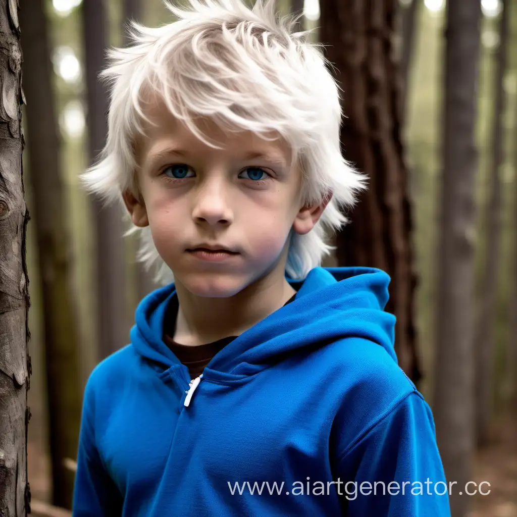 A 10 year-old boy with white shaggy hair and blue eyes, in the background wood , he is wearing a blue hoodie and brown shorts he skinny