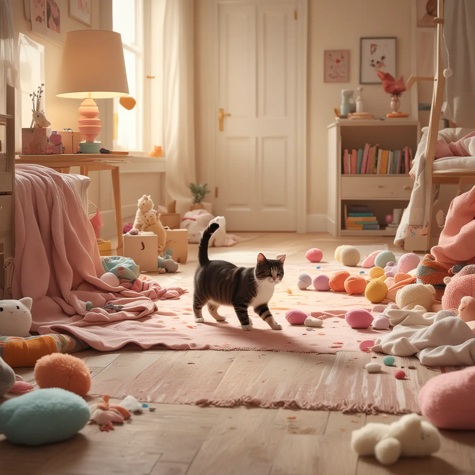 /imagine prompt: A heartwarming scene unfolds as a playful cat and a baby girl engage in a game of tag, the cat darting around the room with agile grace as the baby toddles after it with chubby little legs, both laughing in pure delight, surrounded by colorful toys and soft blankets strewn across the floor, Digital Art, using a warm color palette and soft brushstrokes to evoke the cozy atmosphere of their playful interaction, --ar 16:9 --v 5