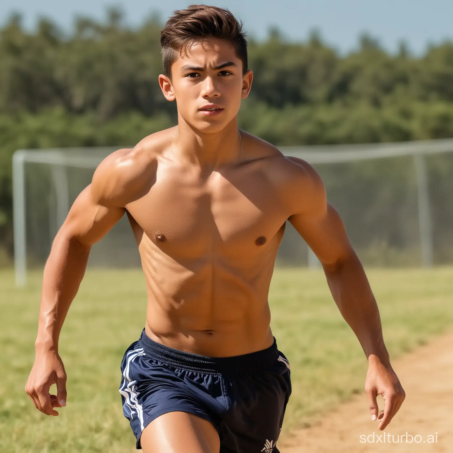 a shirtless 13 years old Bodybuilding boy track and fueld running arround a soccer field, running pose, athletic muscle tone, dynamic active running pose, lean man with light tan skin, sprinting, athlete photography, sports photo, athletic boy in his 10s, stride, sport photography, muscular legs, slender and muscular build, track and field, running, standing athletic pose, polynesian god, strong young boy, giga-size chest