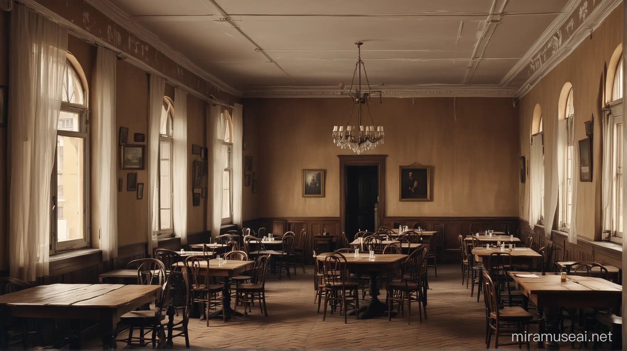 изображение внутреннего помещения трактира без людей в зале в Петербурге начала девятнадцатого века как задний фон для новеллы