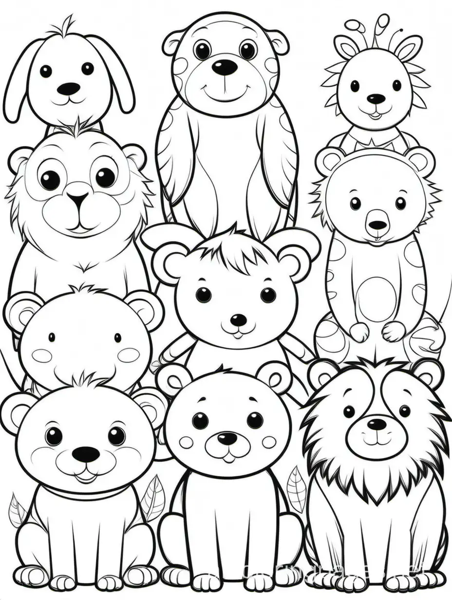Group of 12 different anthropomorphic animals, Coloring Page, black and white, line art, white background, Simplicity, Ample White Space. The background of the coloring page is plain white to make it easy for young children to color within the lines. The outlines of all the subjects are easy to distinguish, making it simple for kids to color without too much difficulty